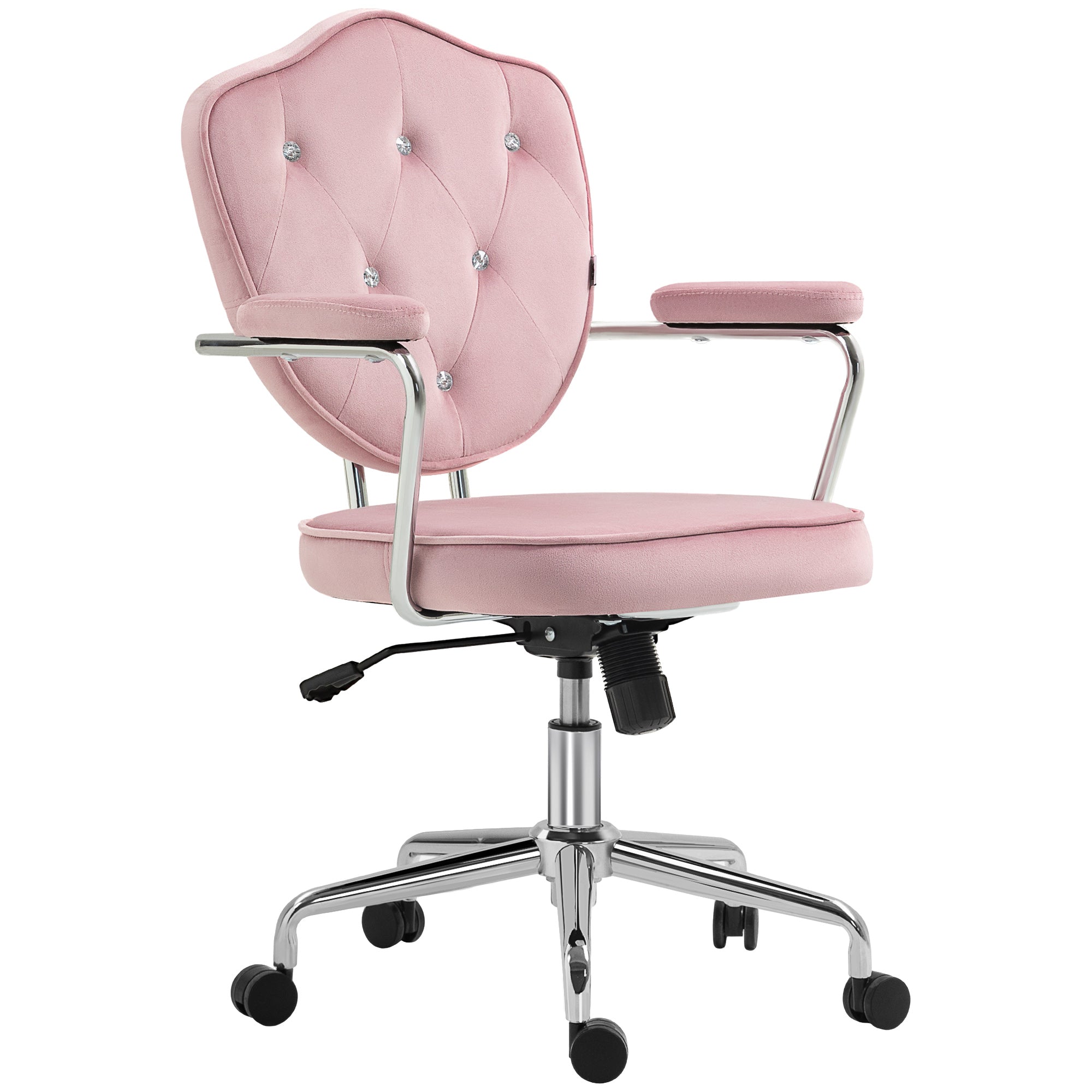 Velvet Office Chair, Button-Tufted Swivel Desk Seat with Padded Arms, Pink
