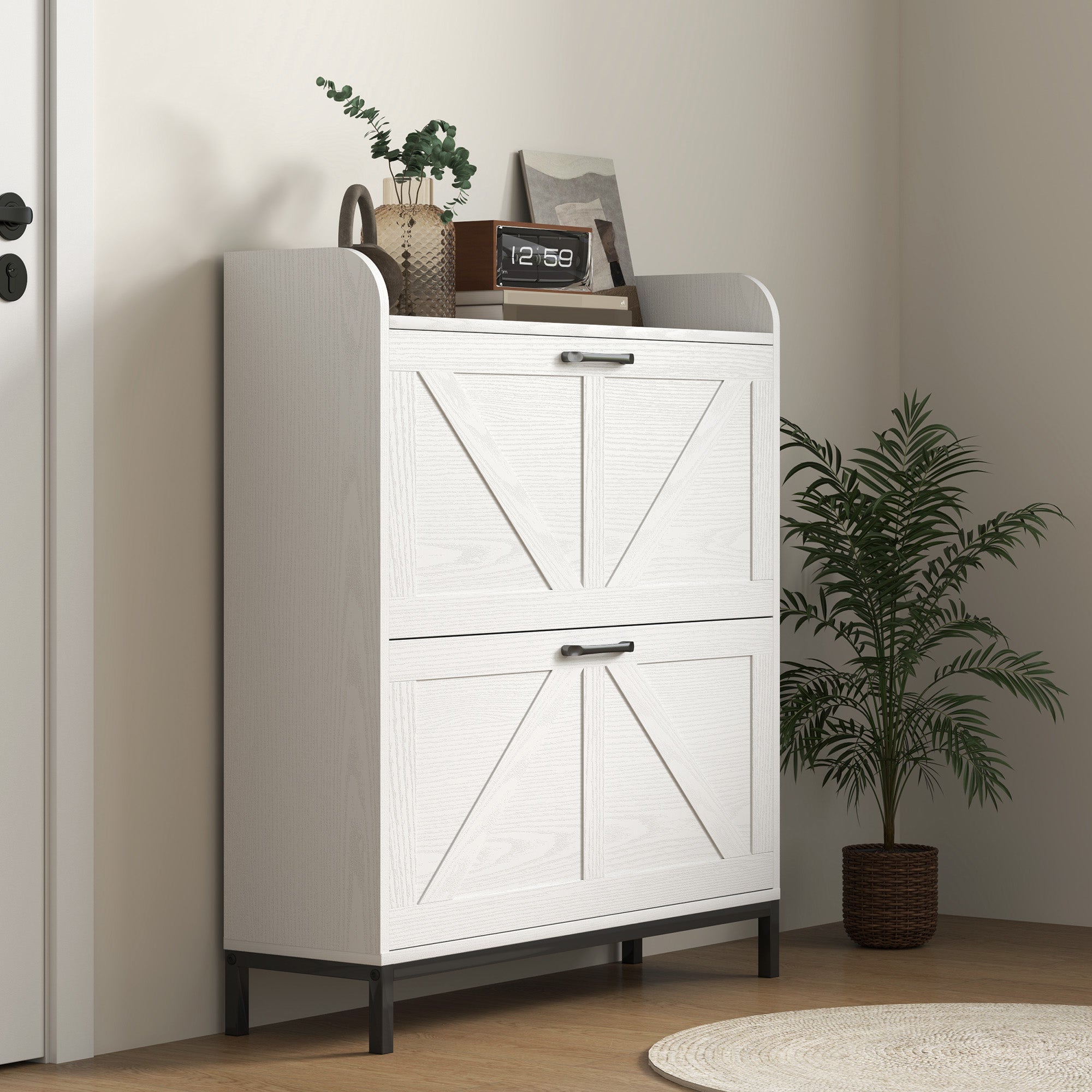 HOMCOM Shoe Storage Cabinet with 2 Flip Drawers, Legs, Farmhouse Freestanding Narrow Shoe Cabinet, Slim Hidden Rack Organizer for Entryway, Hallway, White Wood Grain