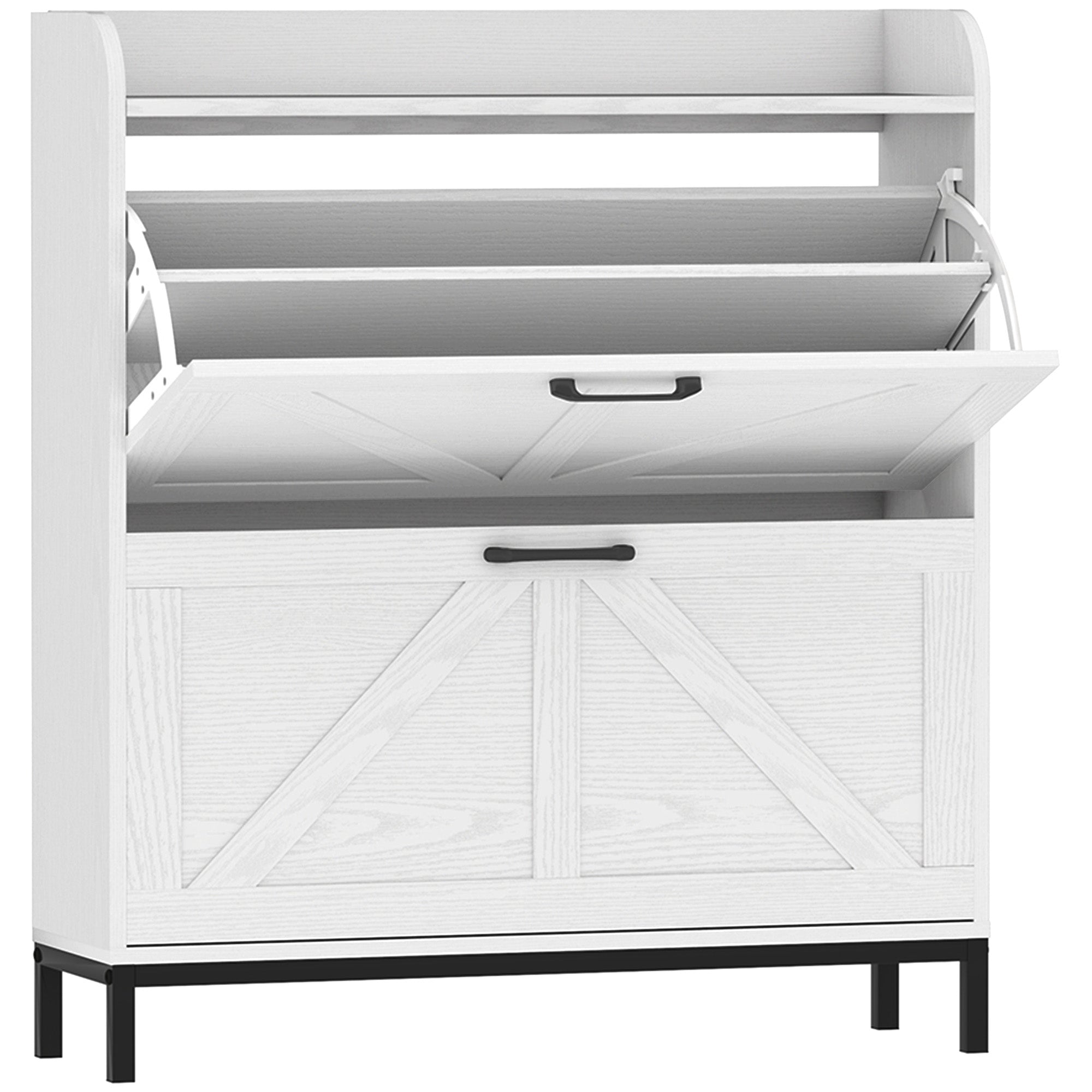 HOMCOM Shoe Storage Cabinet with 2 Flip Drawers, Legs, Farmhouse Freestanding Narrow Shoe Cabinet, Slim Hidden Rack Organizer for Entryway, Hallway, White Wood Grain