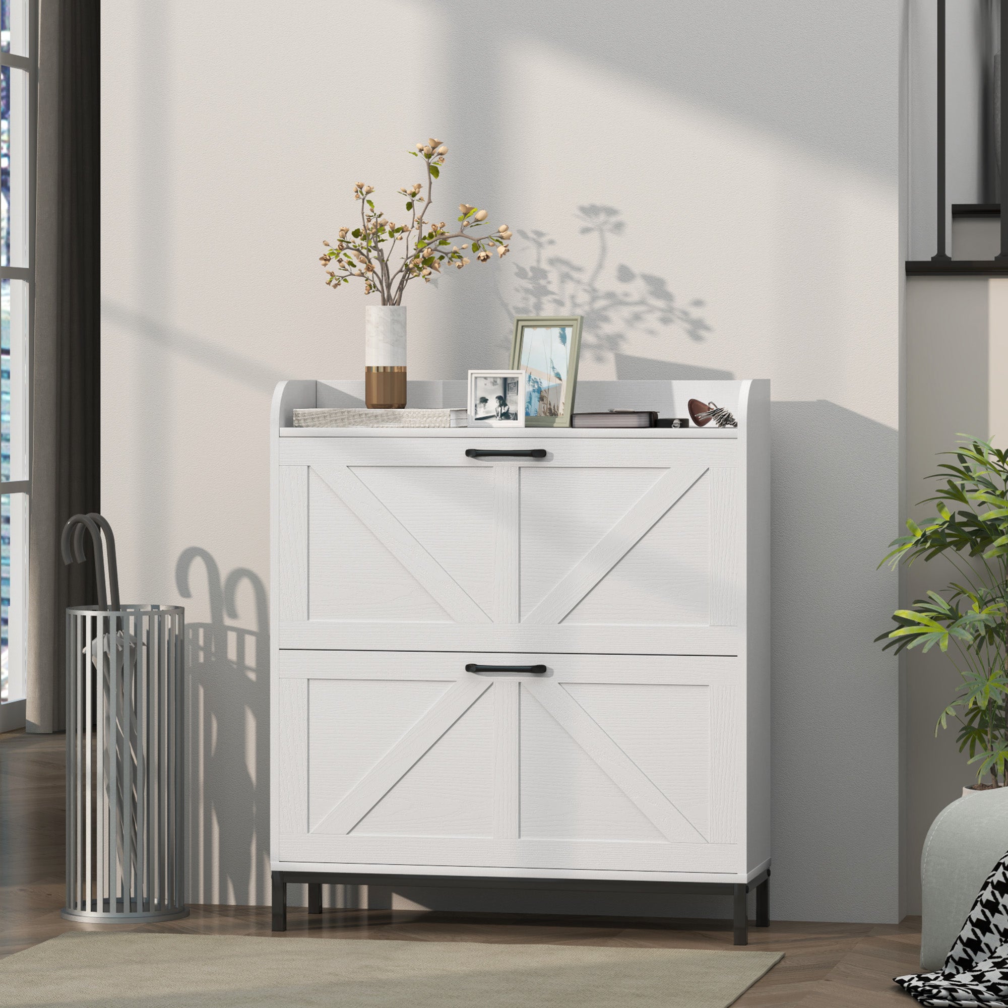 HOMCOM Shoe Storage Cabinet with 2 Flip Drawers, Legs, Farmhouse Freestanding Narrow Shoe Cabinet, Slim Hidden Rack Organizer for Entryway, Hallway, White Wood Grain