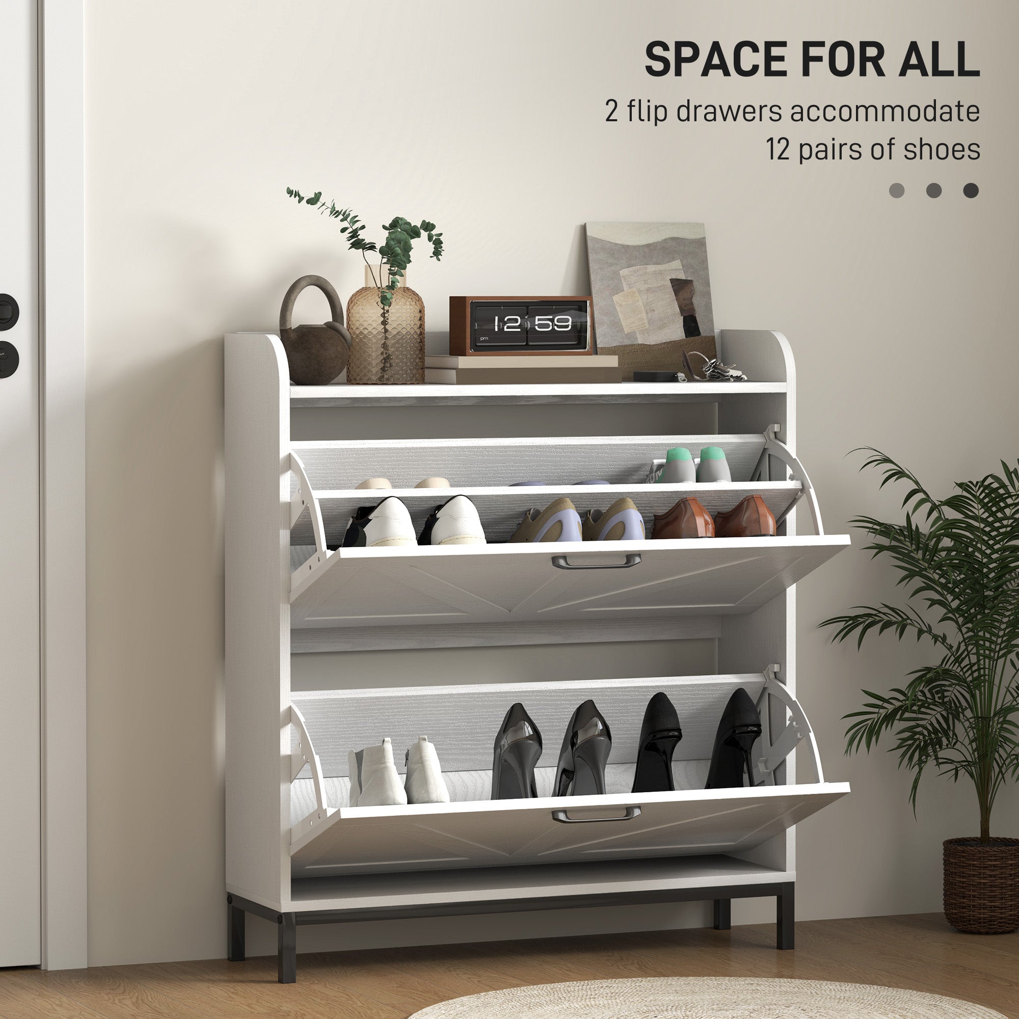 HOMCOM Shoe Storage Cabinet with 2 Flip Drawers, Legs, Farmhouse Freestanding Narrow Shoe Cabinet, Slim Hidden Rack Organizer for Entryway, Hallway, White Wood Grain