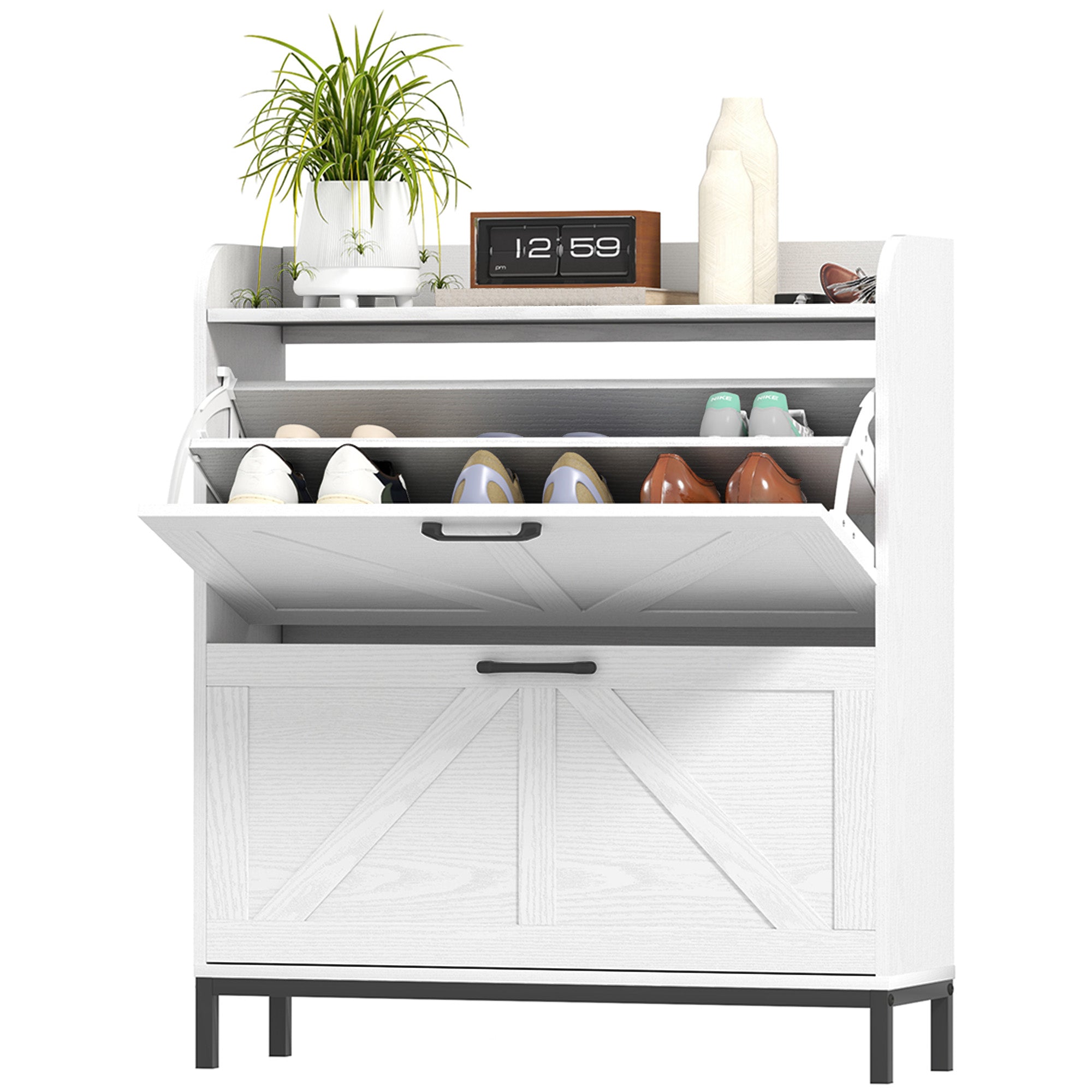 HOMCOM Shoe Storage Cabinet with 2 Flip Drawers, Legs, Farmhouse Freestanding Narrow Shoe Cabinet, Slim Hidden Rack Organizer for Entryway, Hallway, White Wood Grain