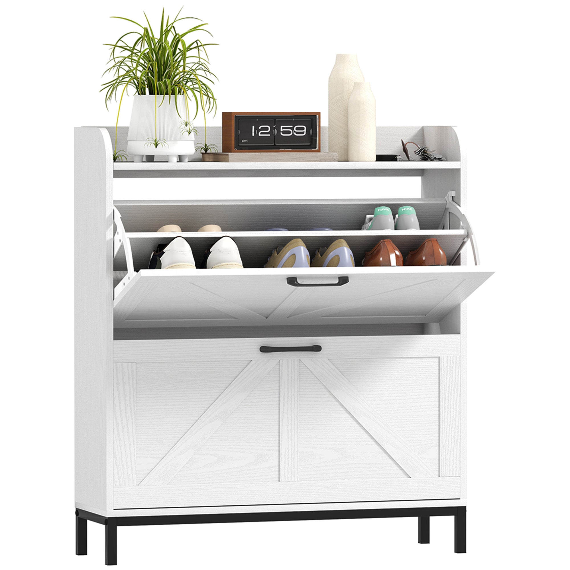 HOMCOM Shoe Storage Cabinet with 2 Flip Drawers, Legs, Farmhouse Freestanding Narrow Shoe Cabinet, Slim Hidden Rack Organizer for Entryway, Hallway, White Wood Grain