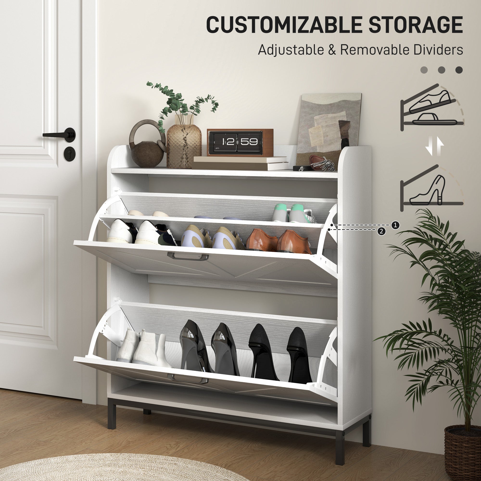 HOMCOM Shoe Storage Cabinet with 2 Flip Drawers, Legs, Farmhouse Freestanding Narrow Shoe Cabinet, Slim Hidden Rack Organizer for Entryway, Hallway, White Wood Grain