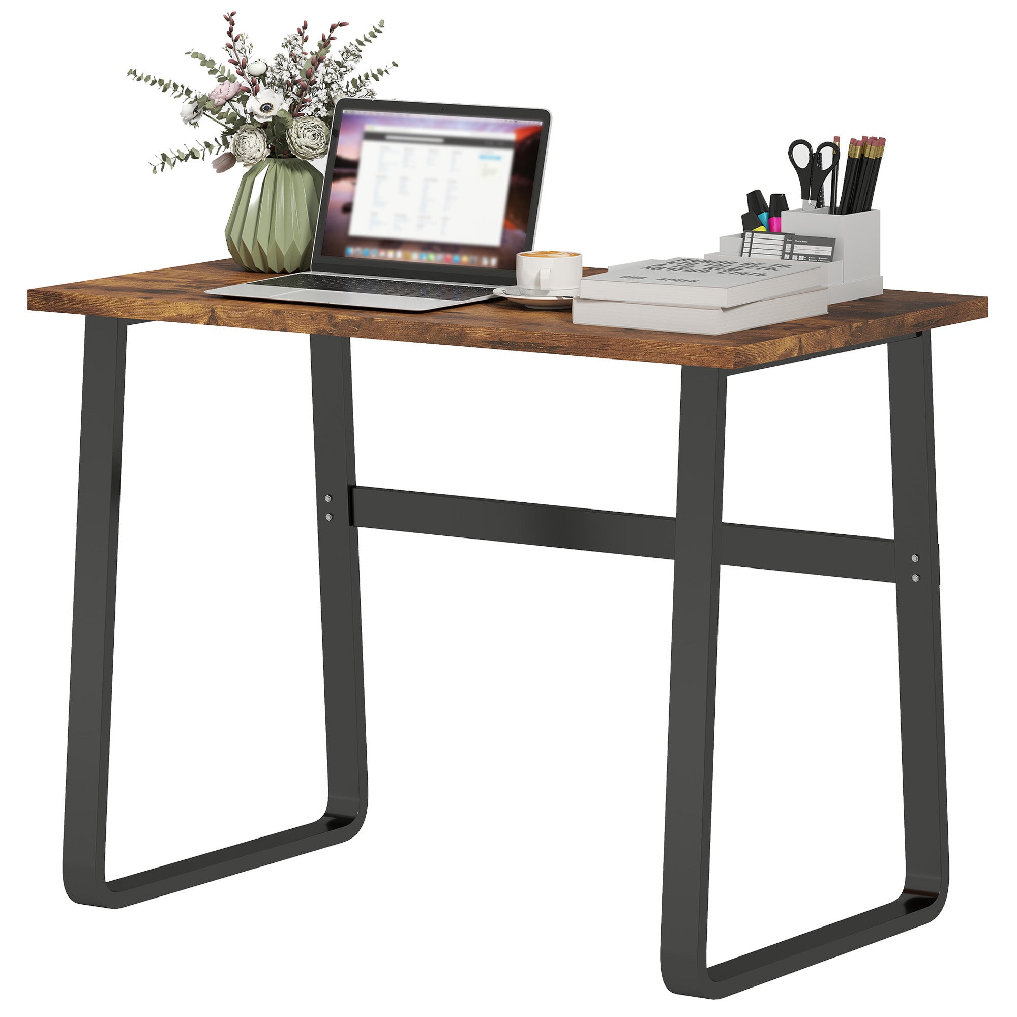 Computer Desk, Writing Desk with Steel Frame and Wood Top, Industrial Home Study Table, 100 x 58 x 74.5cm, Rustic Brown and Black