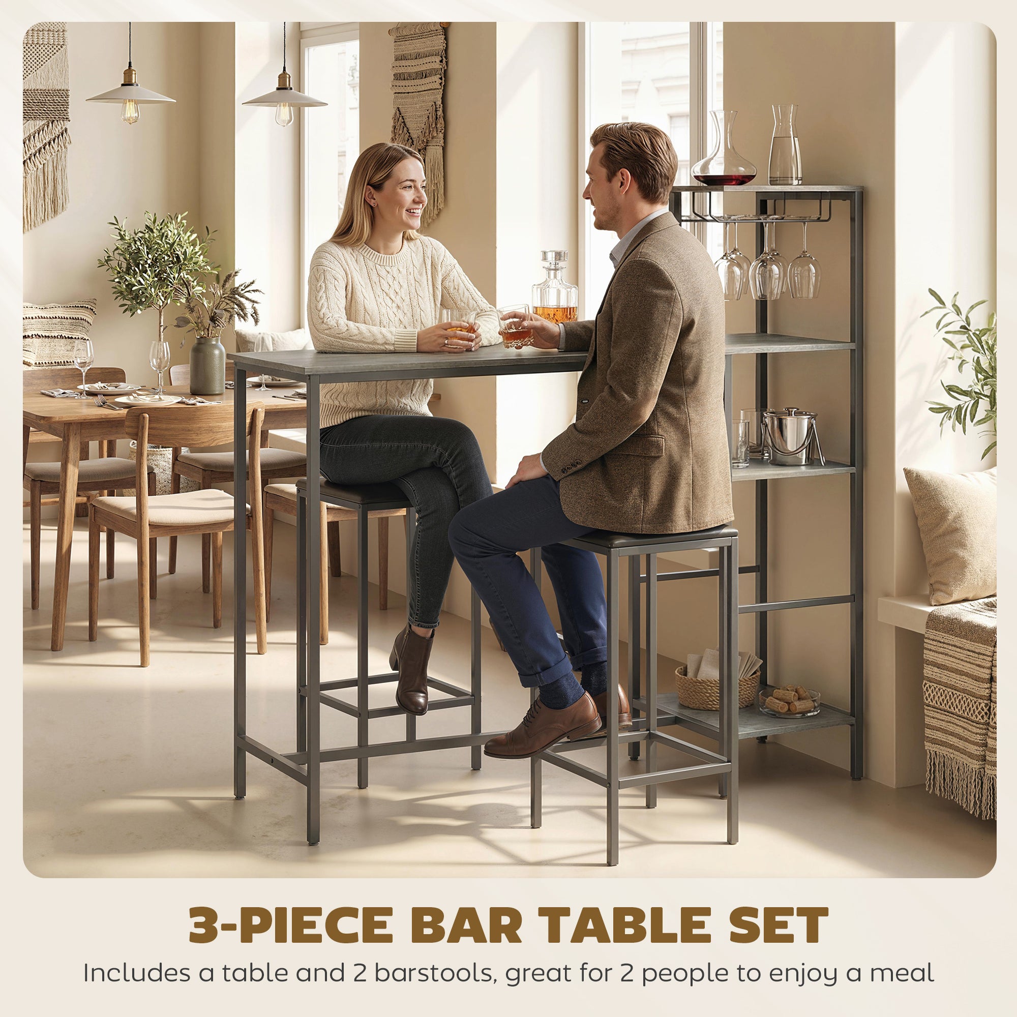 3 Piece Breakfast Bar Table and Stools Set, Dining Table with 4-tier shelving and Glasses Holders, 2 PU Leather Bar Stools with Footrest for Kitchen, Dining Room, Pub, Washed Grey