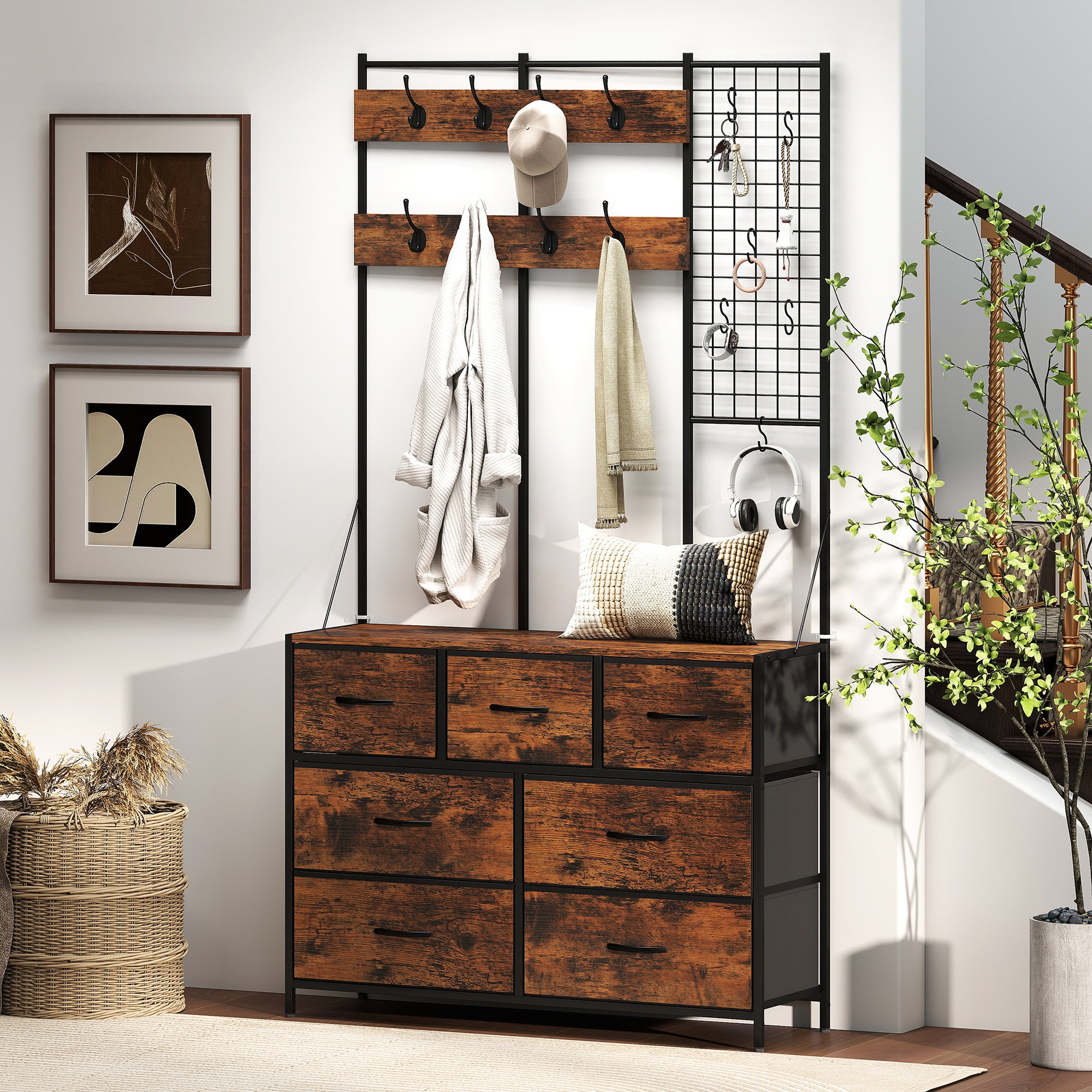 4-In-1 Hall Tree with Fabric Dresser, Industrial Coat Rack with 7 Drawers, 14 Hooks, Grid Panel, Coat Hanger Stand for Hallway, Entryway, Bedroom, Living Room, Rustic Brown