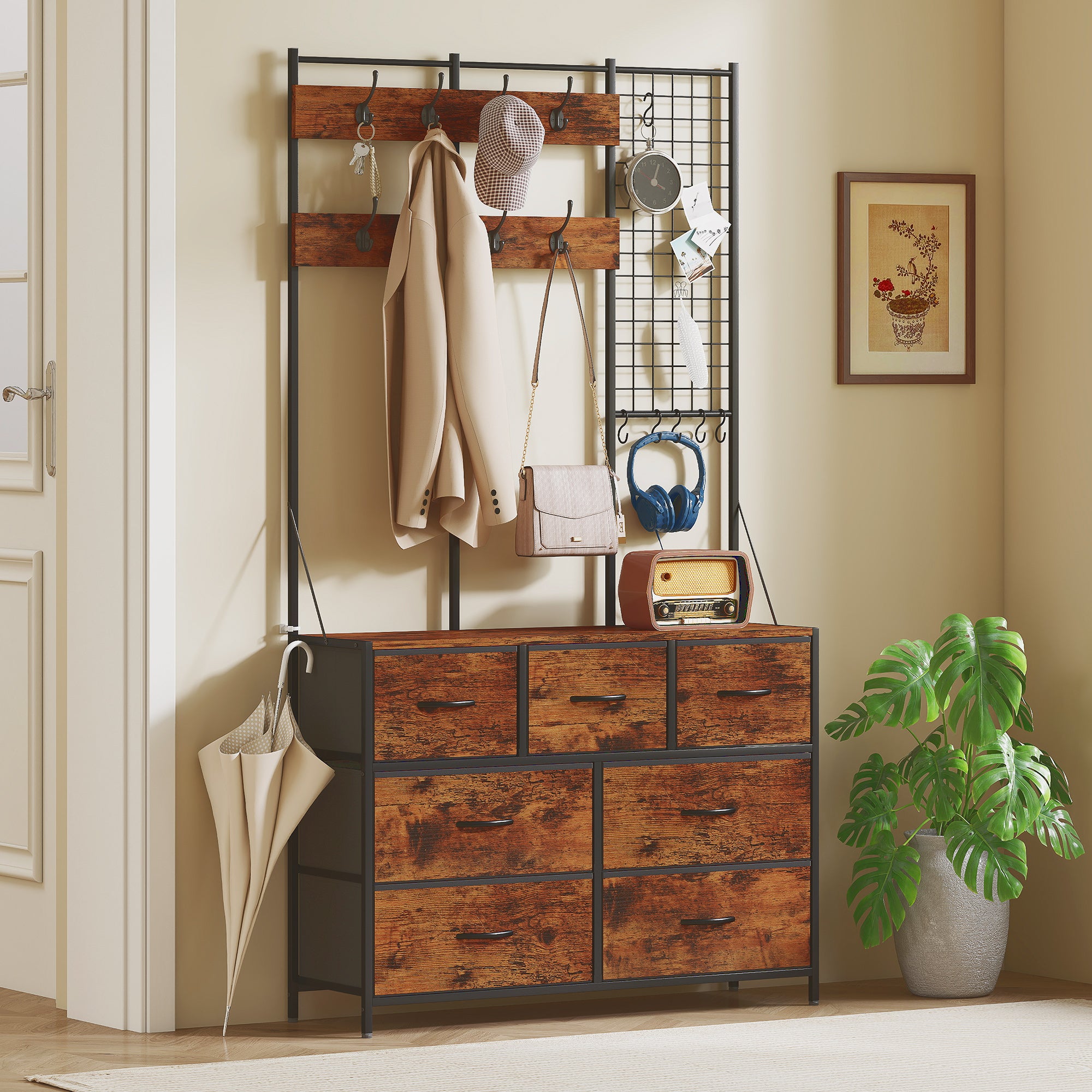 4-In-1 Hall Tree with Fabric Dresser, Industrial Coat Rack with 7 Drawers, 14 Hooks, Grid Panel, Coat Hanger Stand for Hallway, Entryway, Bedroom, Living Room, Rustic Brown