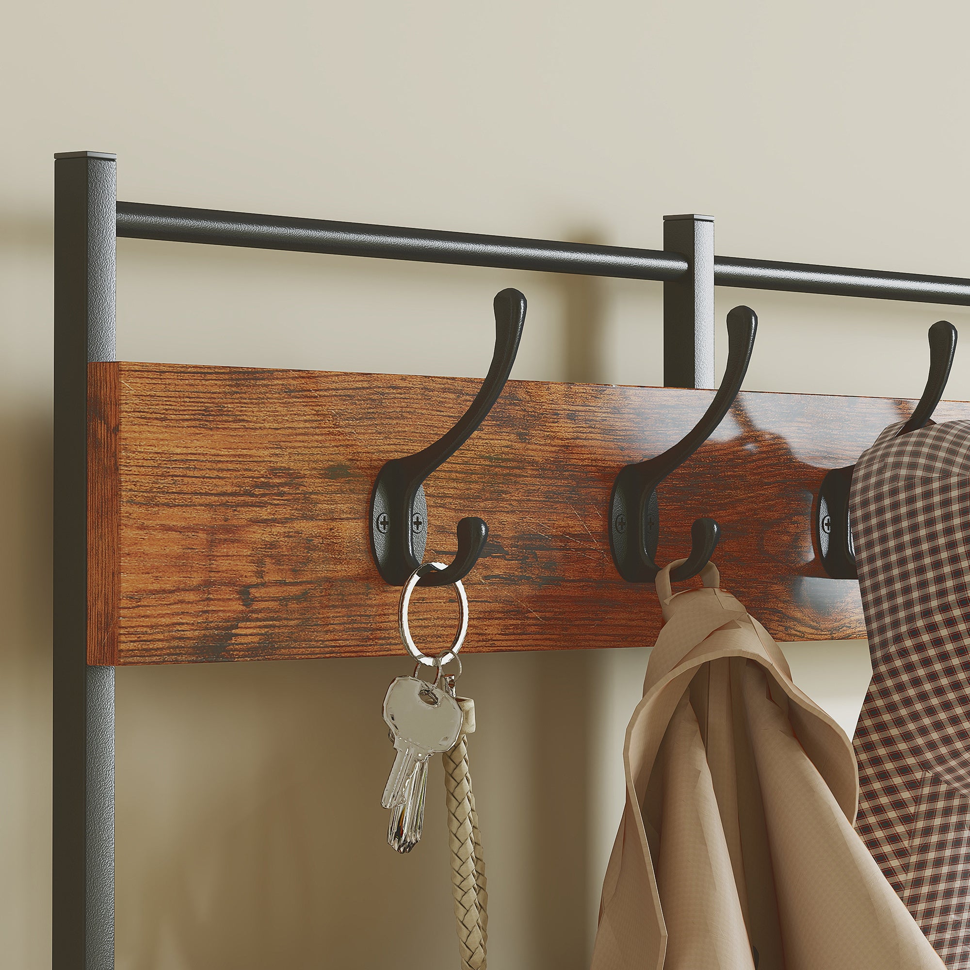 4-In-1 Hall Tree with Fabric Dresser, Industrial Coat Rack with 7 Drawers, 14 Hooks, Grid Panel, Coat Hanger Stand for Hallway, Entryway, Bedroom, Living Room, Rustic Brown
