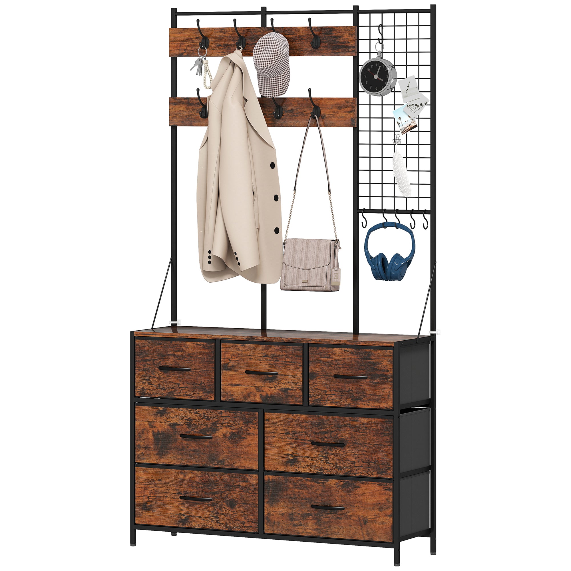 4-In-1 Hall Tree with Fabric Dresser, Industrial Coat Rack with 7 Drawers, 14 Hooks, Grid Panel, Coat Hanger Stand for Hallway, Entryway, Bedroom, Living Room, Rustic Brown