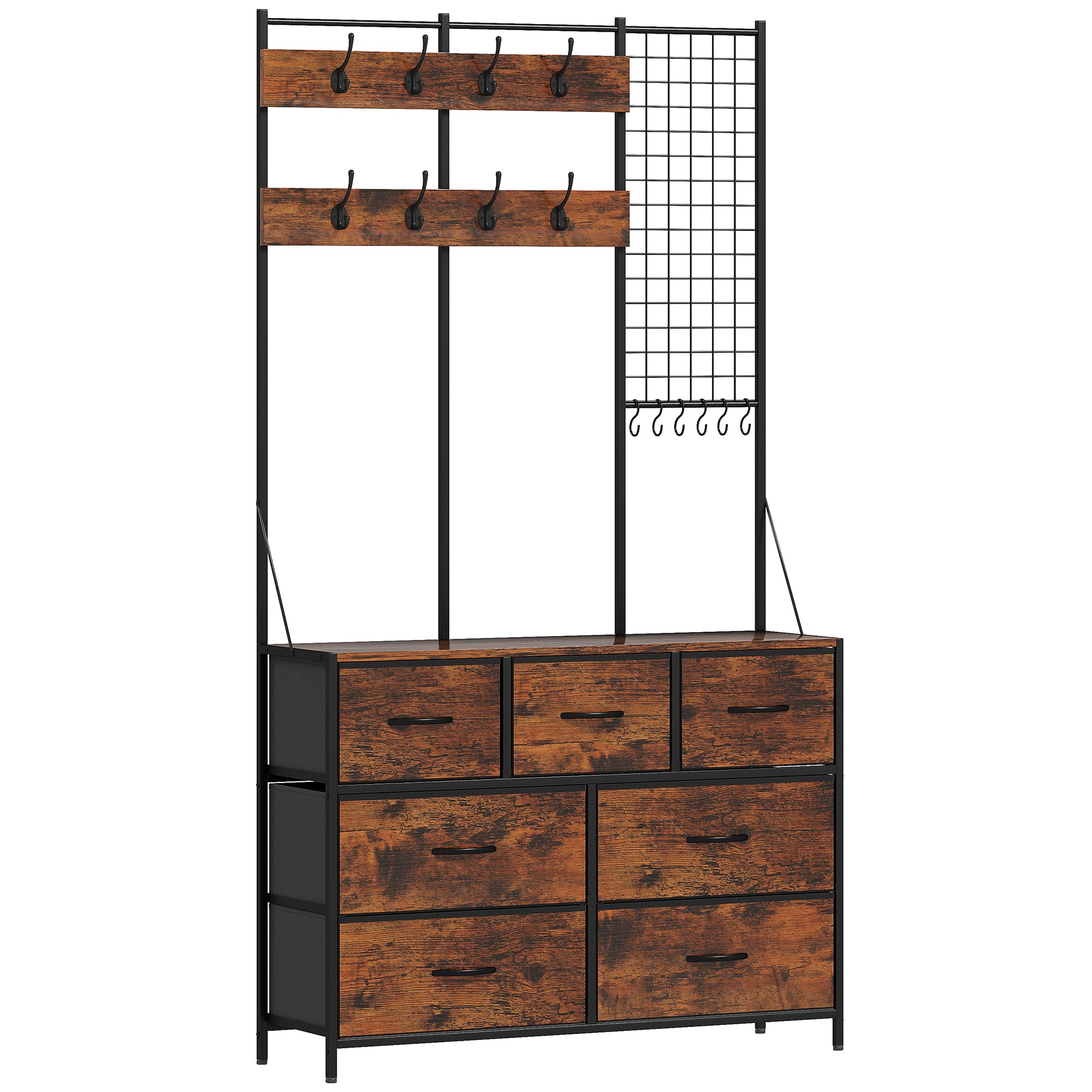 4-In-1 Hall Tree with Fabric Dresser, Industrial Coat Rack with 7 Drawers, 14 Hooks, Grid Panel, Coat Hanger Stand for Hallway, Entryway, Bedroom, Living Room, Rustic Brown