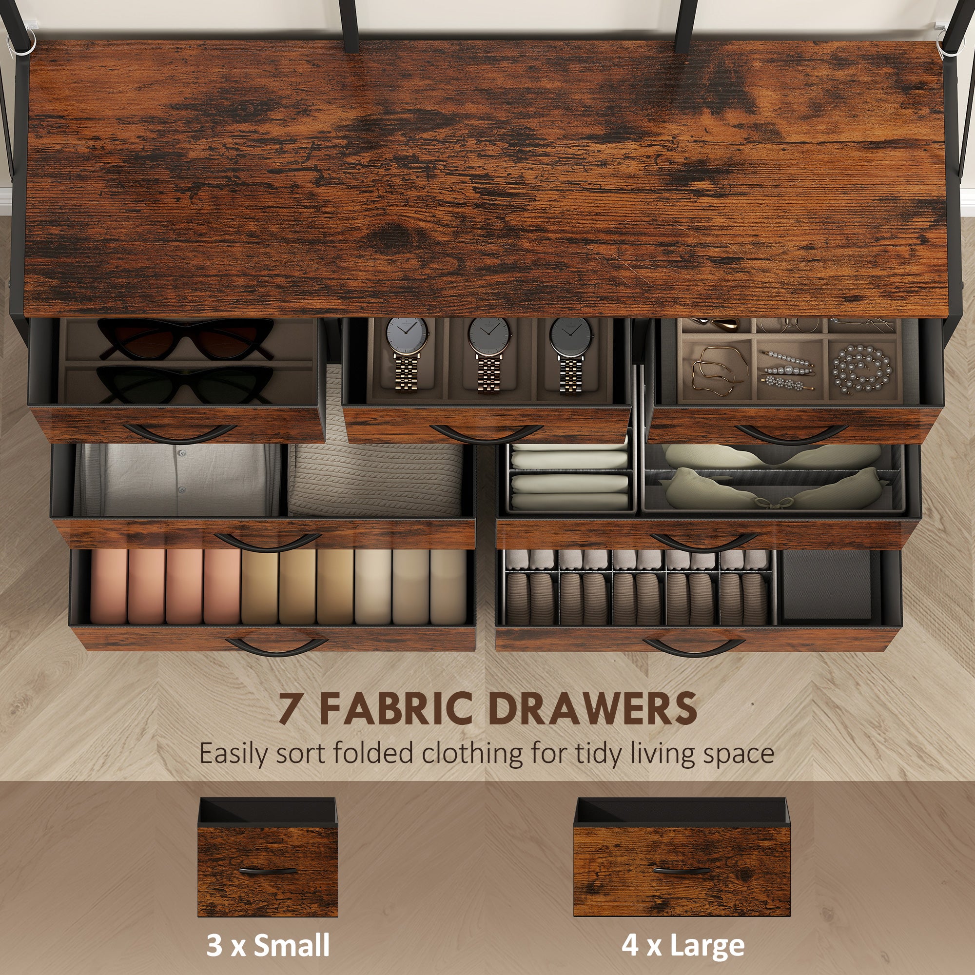 4-In-1 Hall Tree with Fabric Dresser, Industrial Coat Rack with 7 Drawers, 14 Hooks, Grid Panel, Coat Hanger Stand for Hallway, Entryway, Bedroom, Living Room, Rustic Brown