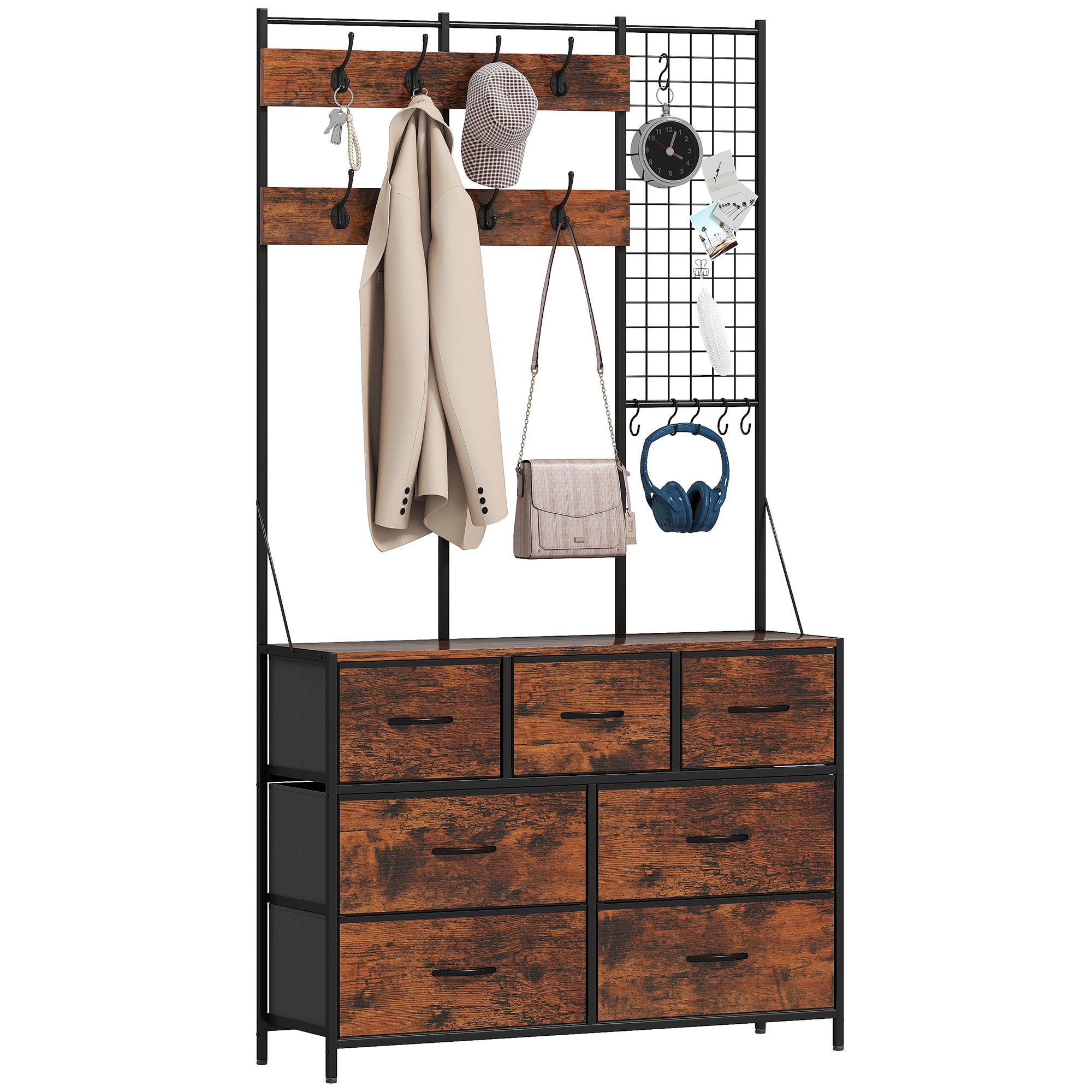 4-In-1 Hall Tree with Fabric Dresser, Industrial Coat Rack with 7 Drawers, 14 Hooks, Grid Panel, Coat Hanger Stand for Hallway, Entryway, Bedroom, Living Room, Rustic Brown