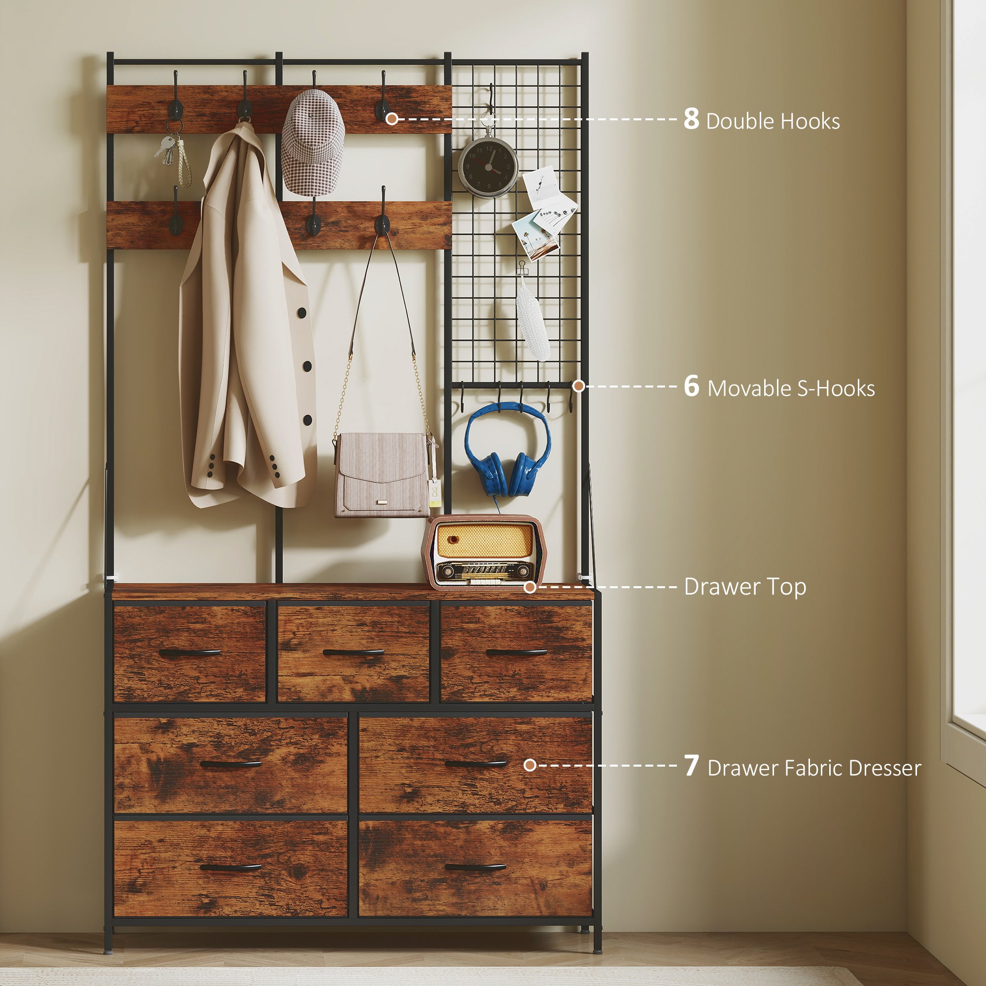 4-In-1 Hall Tree with Fabric Dresser, Industrial Coat Rack with 7 Drawers, 14 Hooks, Grid Panel, Coat Hanger Stand for Hallway, Entryway, Bedroom, Living Room, Rustic Brown