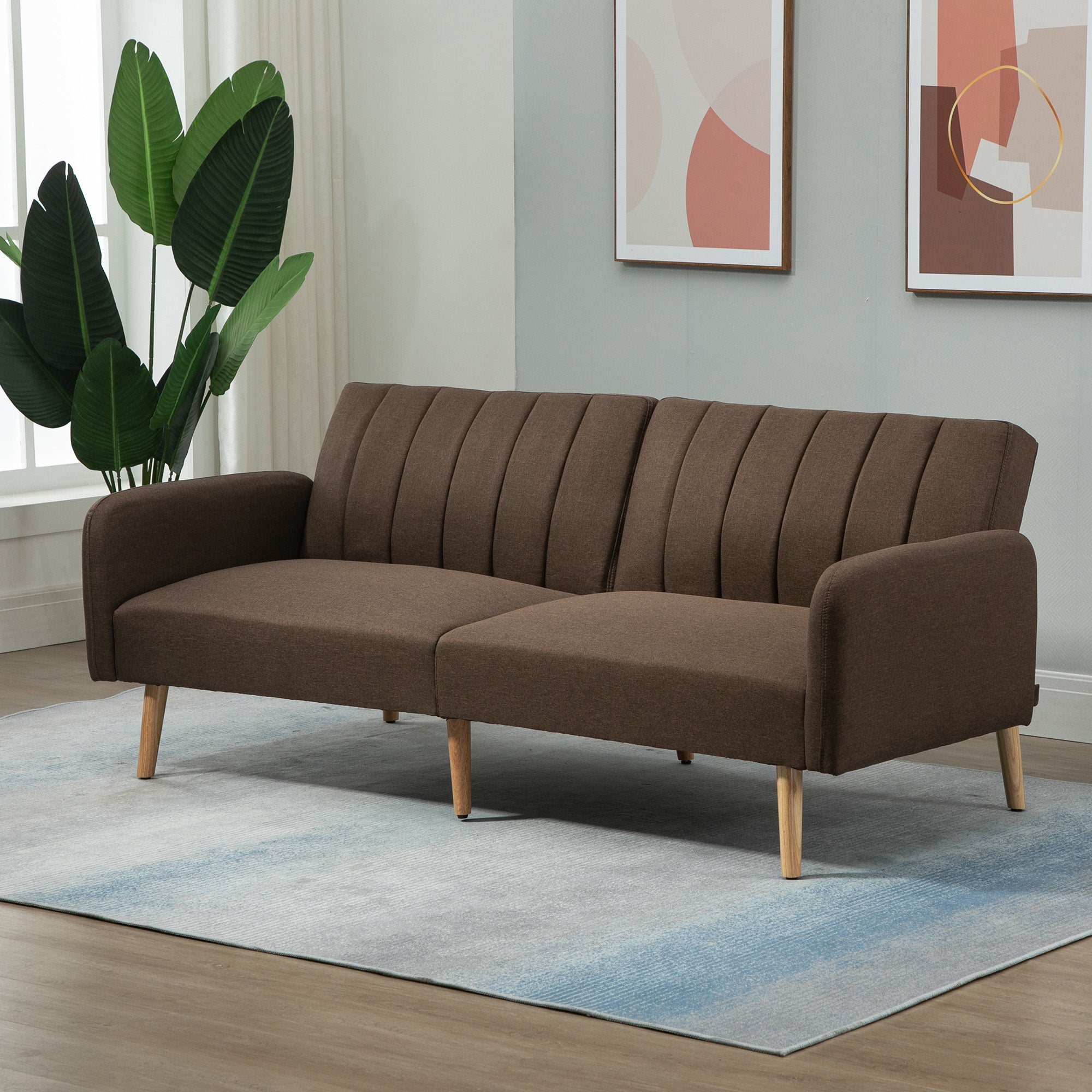 Two Seater Sofa Bed, Convertible Futon Couch Bed, Linen Upholstered Loveseat with Adjustable Backrest for Small Spaces, Living Room, Apartment, and Dorm, Brown