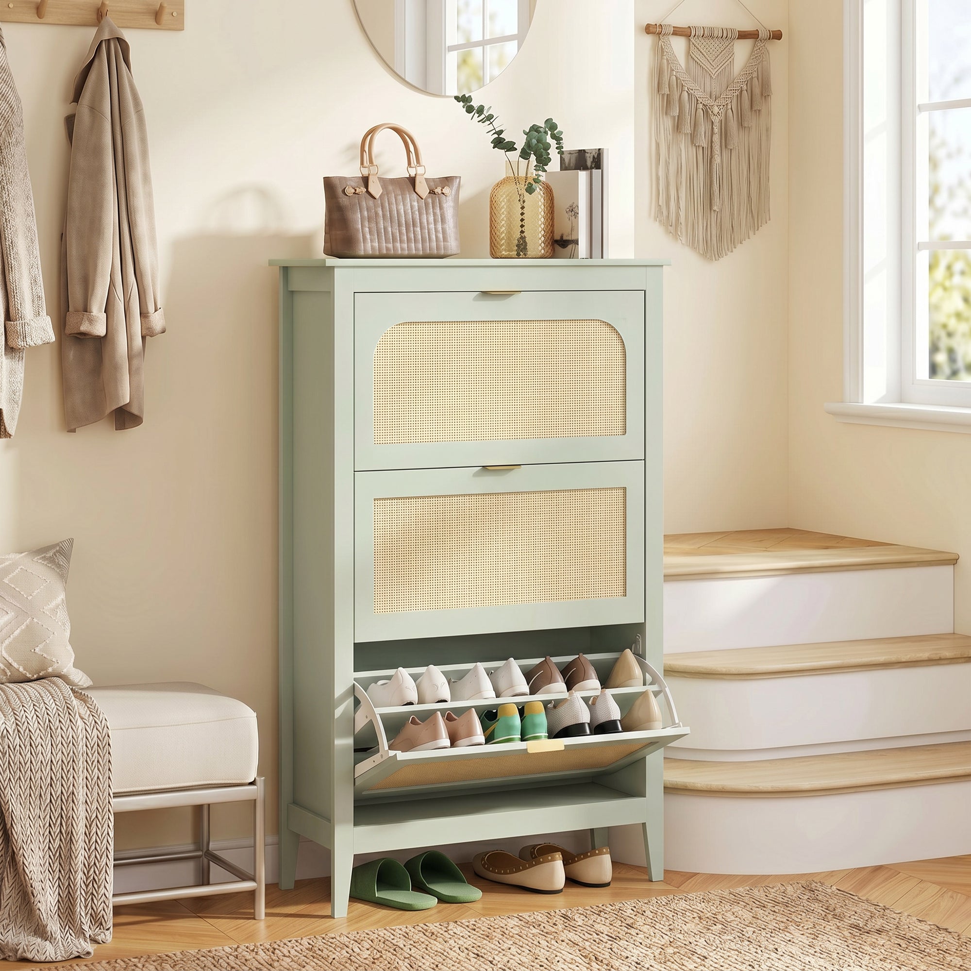 Shoe Storage Cabinet with 3 Flip Drawers, Boho Slim Shoe Cabinet with Rattan Doors for Entryway, Hallway, Holds 21 Pairs, Light Green