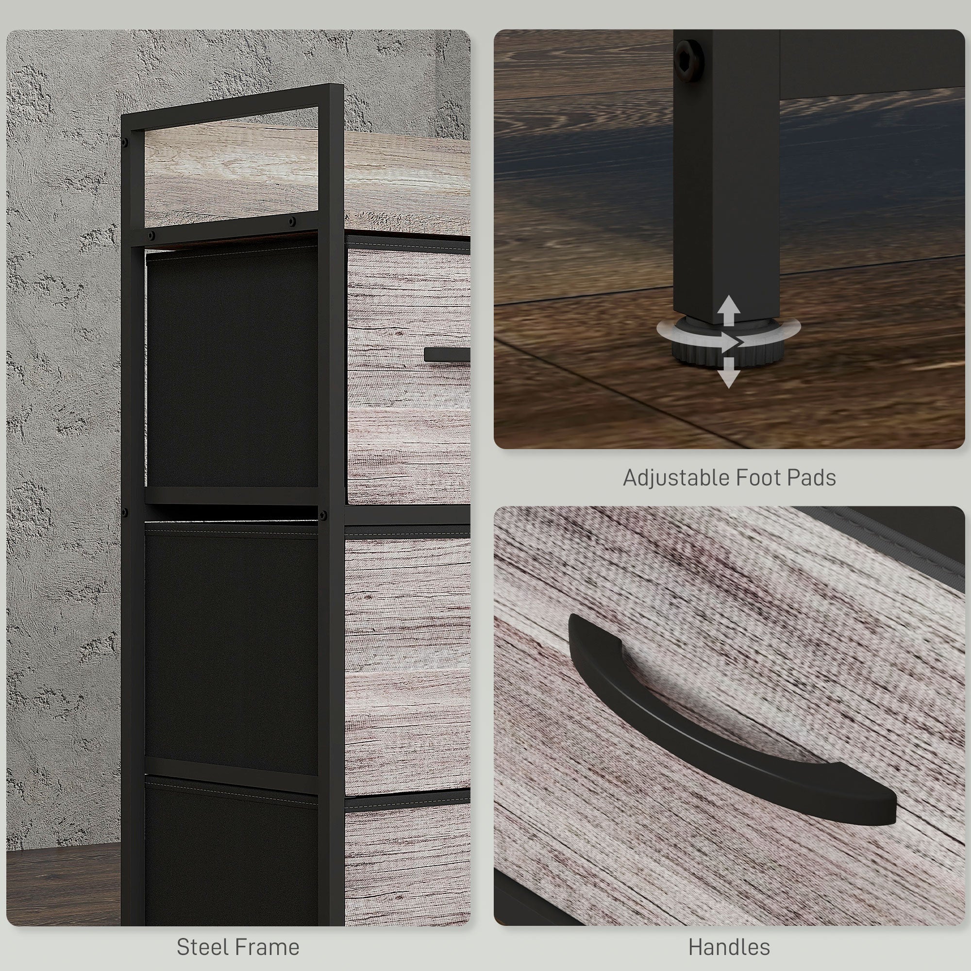 Bedroom Chest of Drawers, Fabric Dresser with 4 Drawers, Storage Organiser Unit with Open Shelf and Metal Frame for Living Room, Entryway, Grey Wood Effect