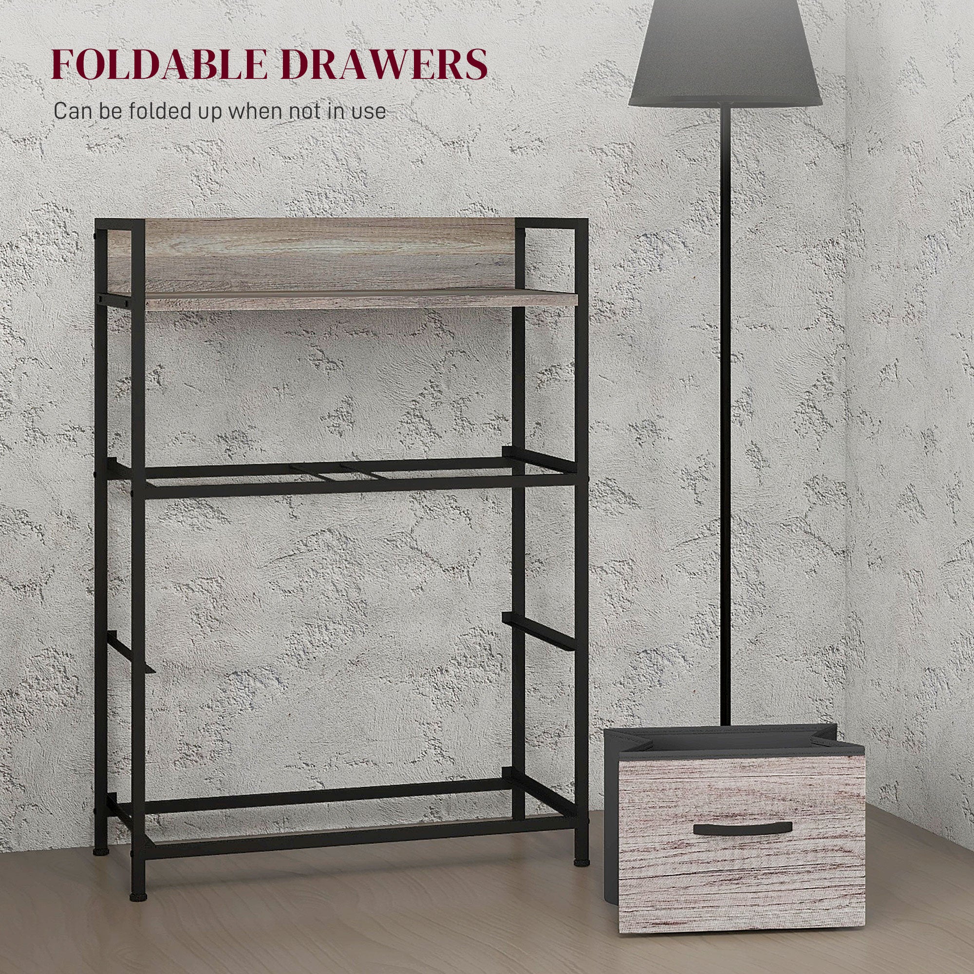 Bedroom Chest of Drawers, Fabric Dresser with 4 Drawers, Storage Organiser Unit with Open Shelf and Metal Frame for Living Room, Entryway, Grey Wood Effect