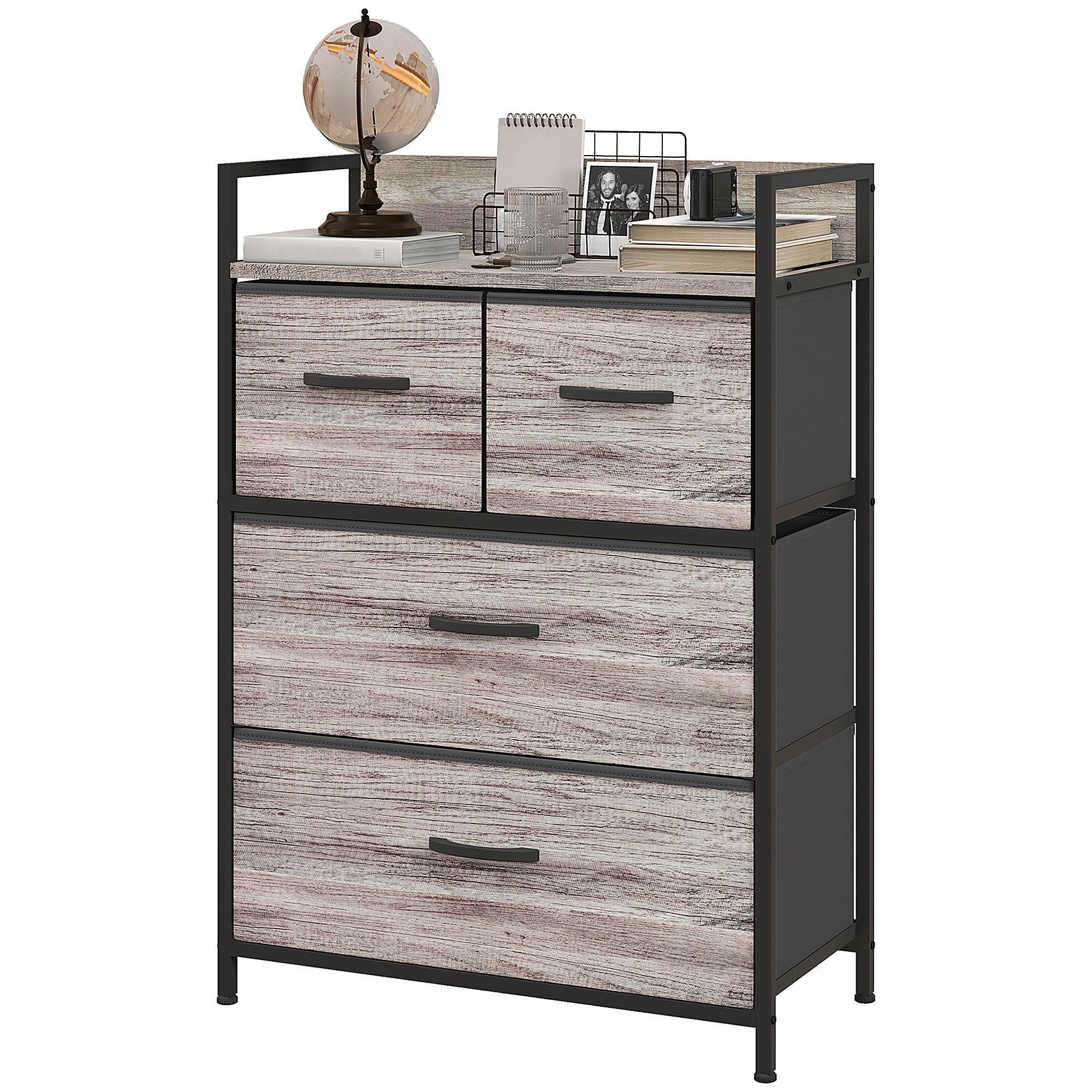 Bedroom Chest of Drawers, Fabric Dresser with 4 Drawers, Storage Organiser Unit with Open Shelf and Metal Frame for Living Room, Entryway, Grey Wood Effect