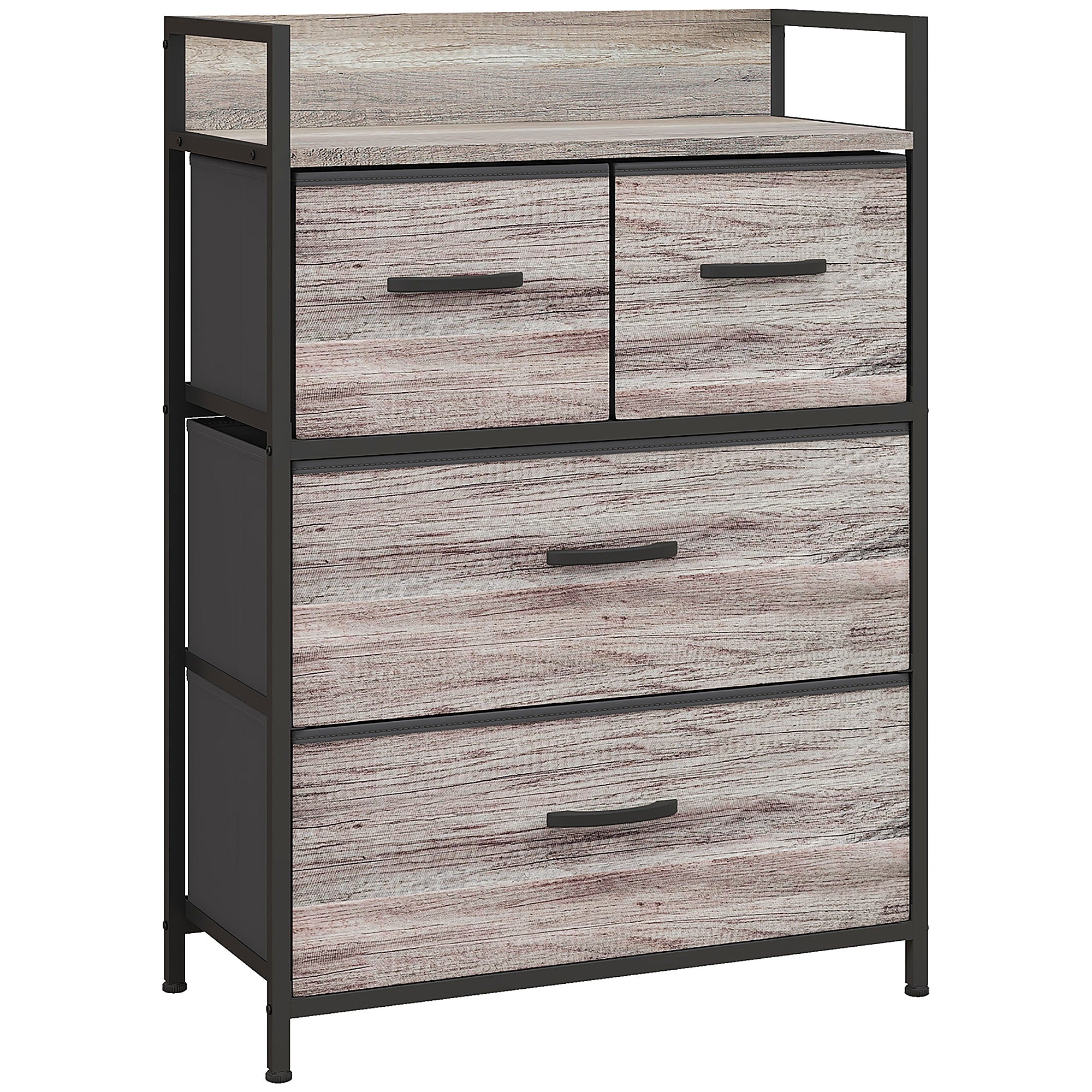 Bedroom Chest of Drawers, Fabric Dresser with 4 Drawers, Storage Organiser Unit with Open Shelf and Metal Frame for Living Room, Entryway, Grey Wood Effect