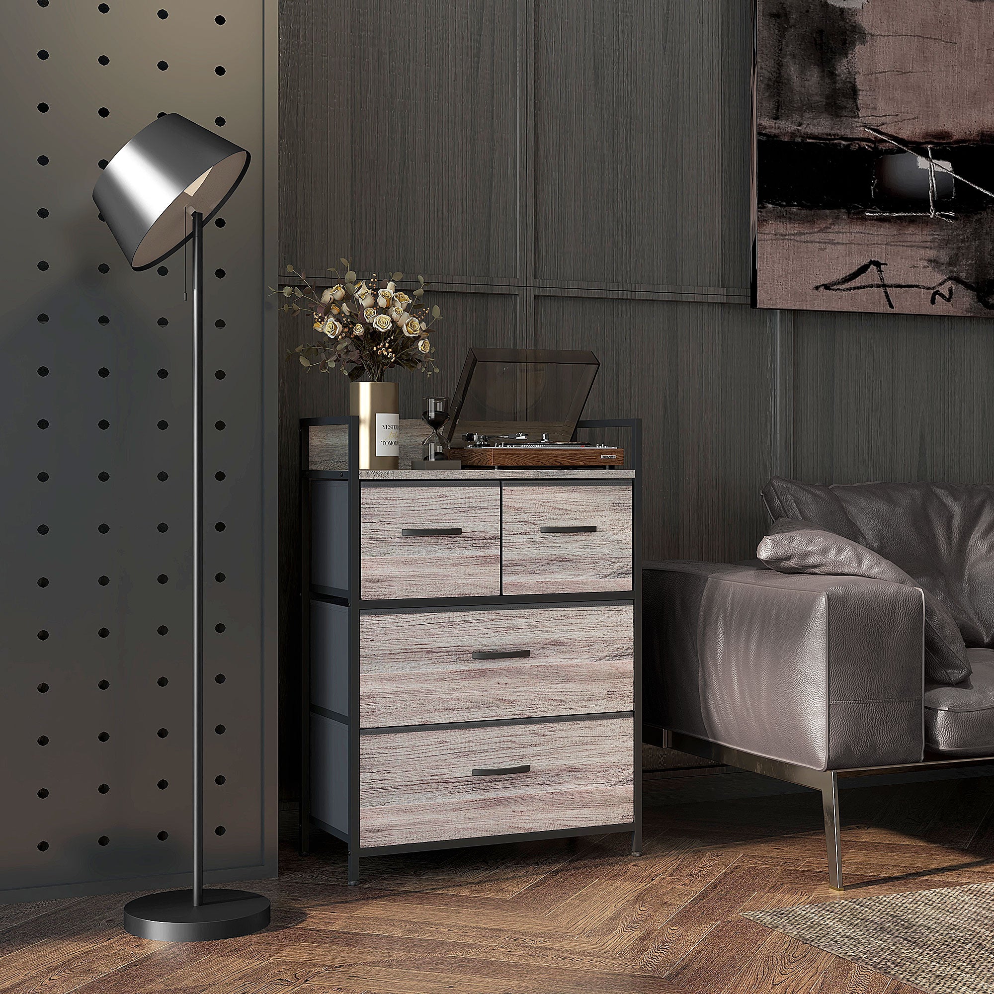 Bedroom Chest of Drawers, Fabric Dresser with 4 Drawers, Storage Organiser Unit with Open Shelf and Metal Frame for Living Room, Entryway, Grey Wood Effect