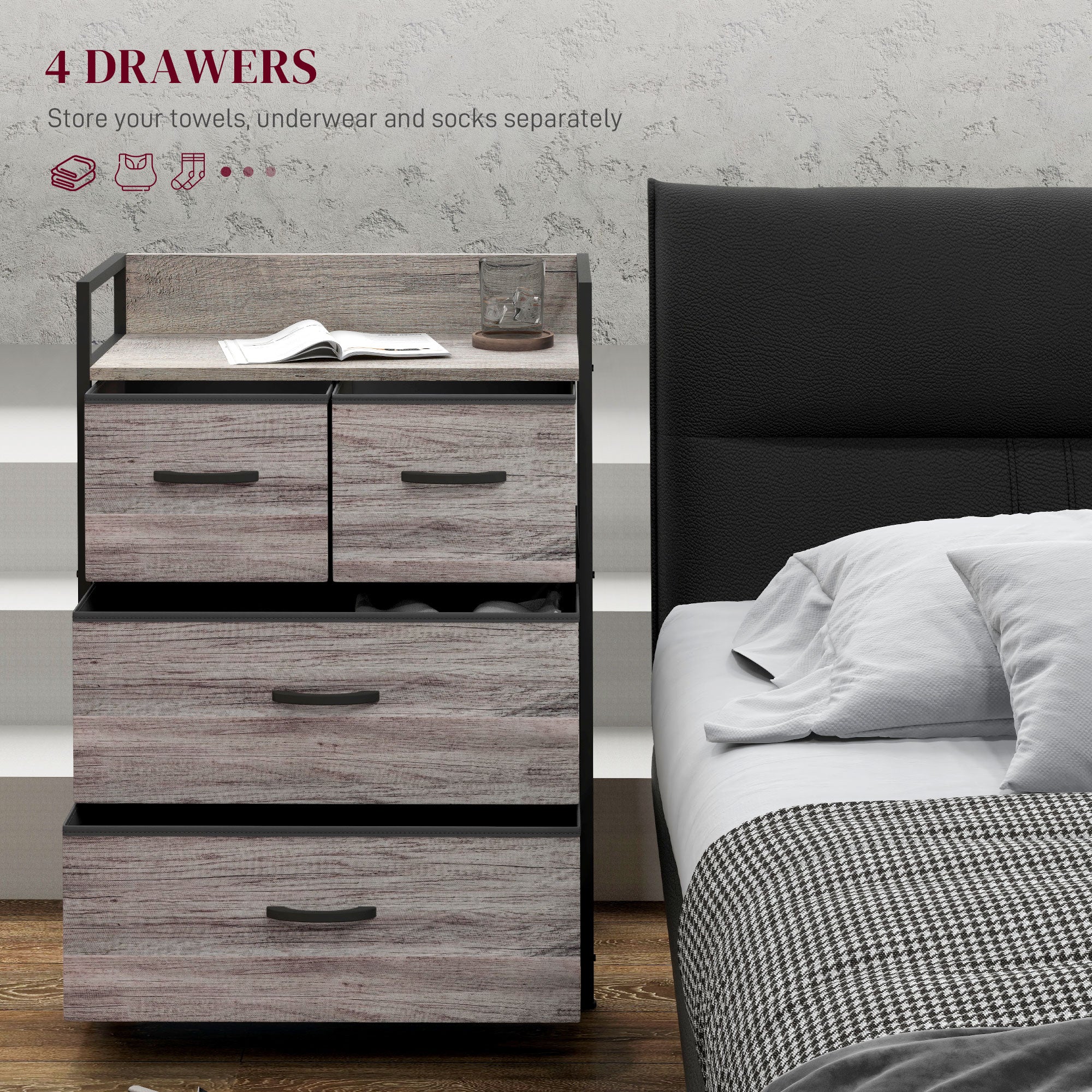 Bedroom Chest of Drawers, Fabric Dresser with 4 Drawers, Storage Organiser Unit with Open Shelf and Metal Frame for Living Room, Entryway, Grey Wood Effect