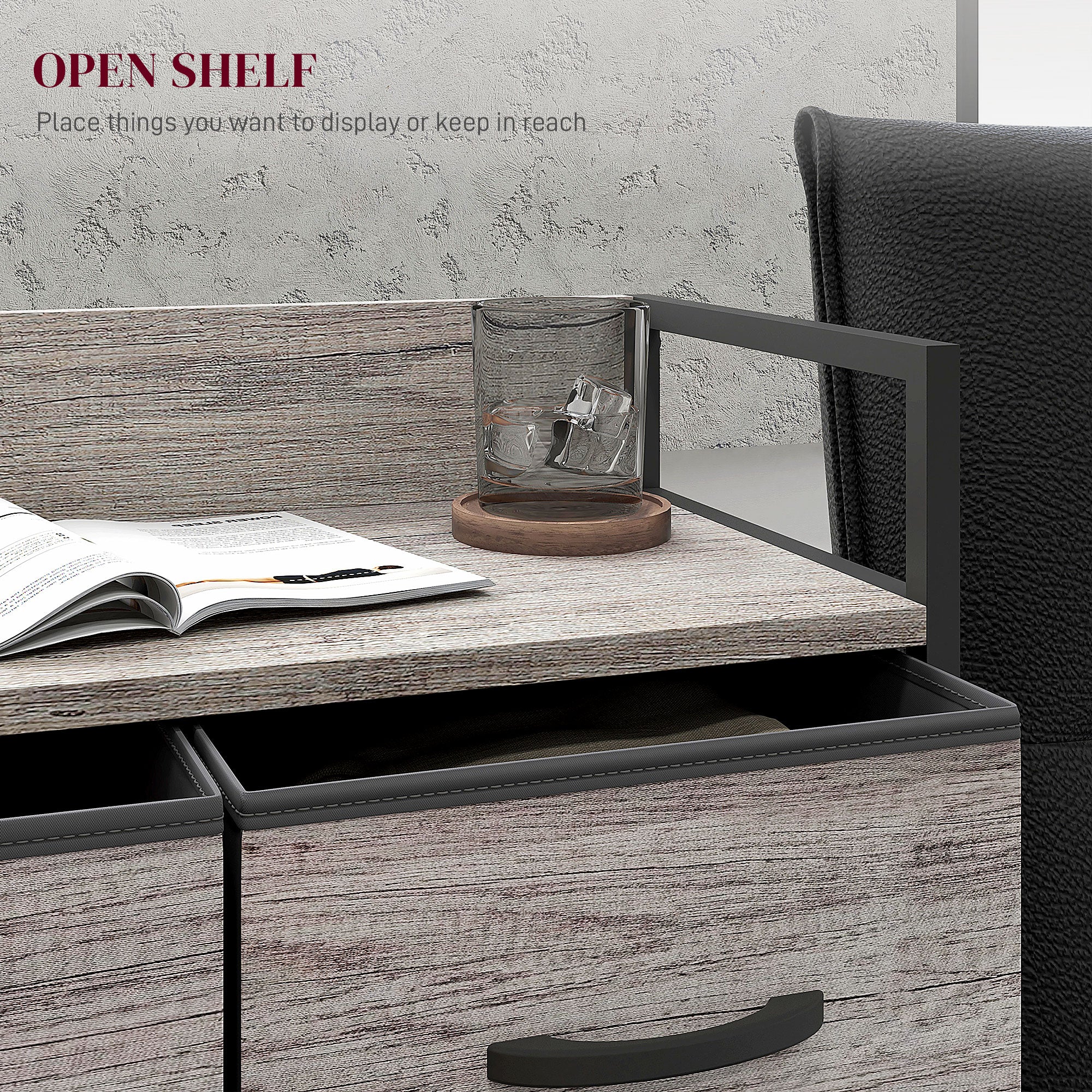 Bedroom Chest of Drawers, Fabric Dresser with 4 Drawers, Storage Organiser Unit with Open Shelf and Metal Frame for Living Room, Entryway, Grey Wood Effect