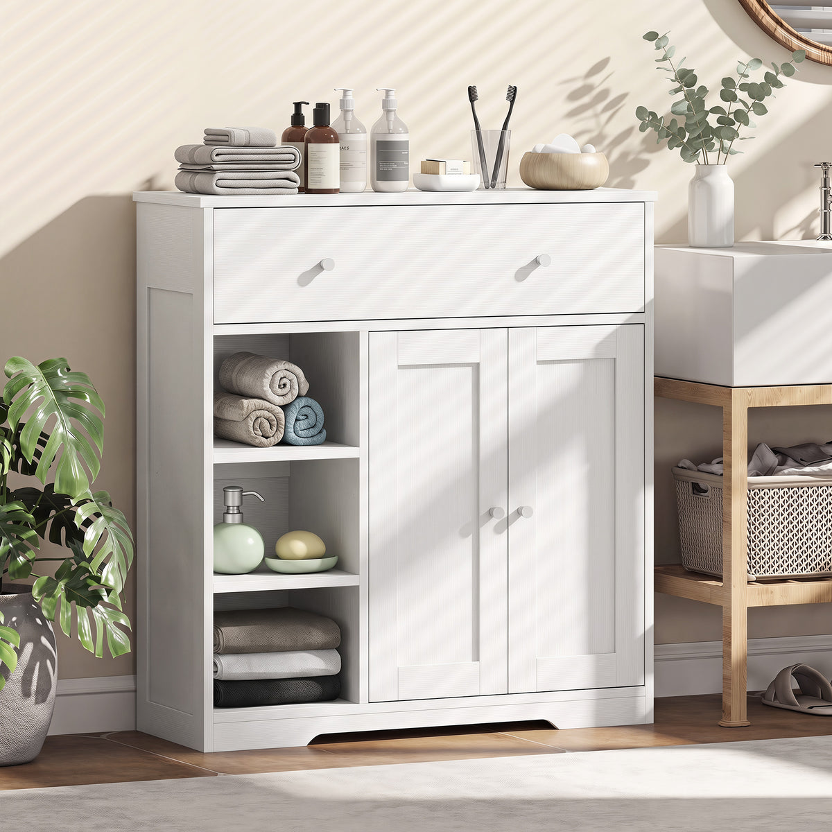 Bathroom Floor Cabinet, Freestanding Bathroom Cabinet with Drawer, Door, Open Shelves, for Bathroom and Living Room, White
