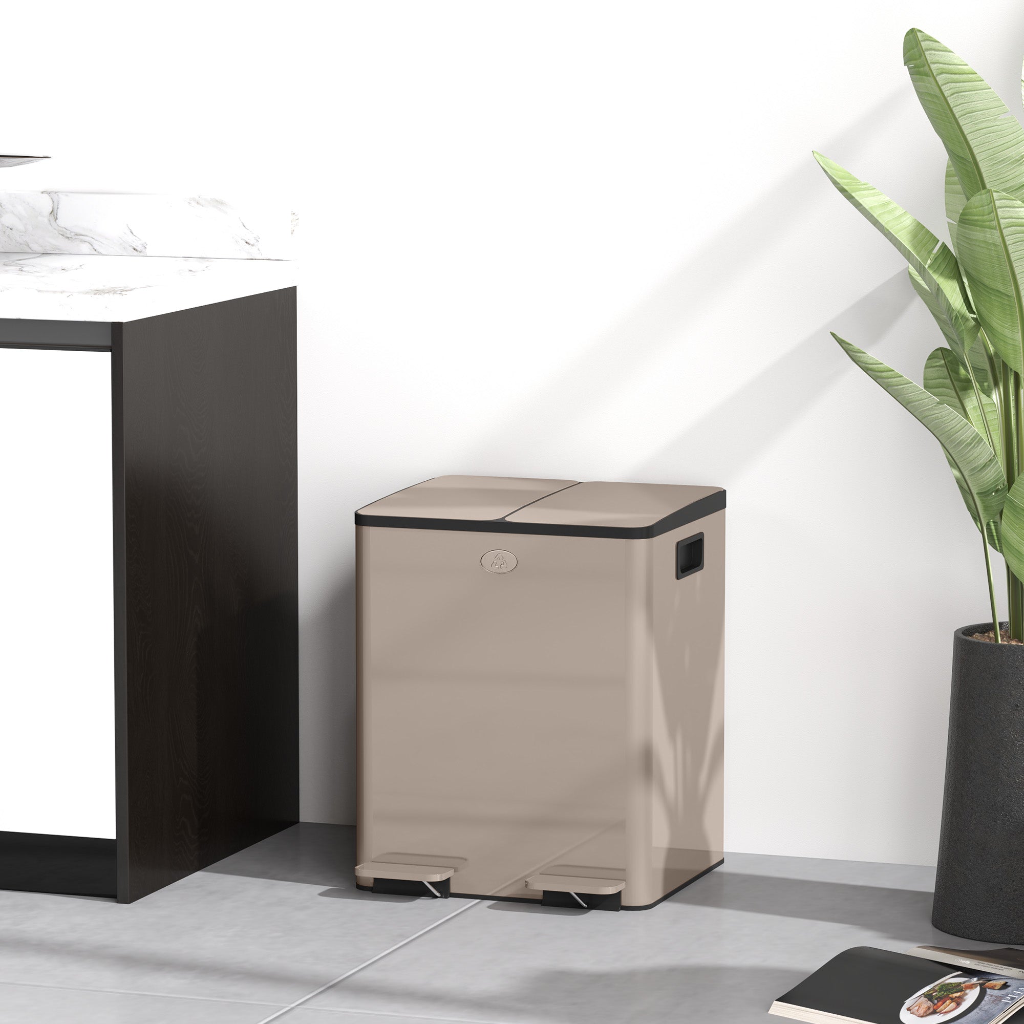 HOMCOM Dual Kitchen Bin, 2 x 20L Pedal Bin, Stainless Steel Double Rubbish Bin with Soft Close Lid, Removable Inner Buckets, Fingerprint-Proof for Recycling and Waste, Gold Tone