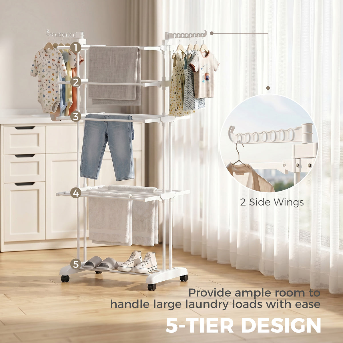 5-Tier Adjustable Clothes Drying Rack, Foldable Laundry Drying Rack with Wheels, Side Wings, Clothes Hanger for Indoor Outdoor Use, 28.7" x 25.2" x 67.7", White