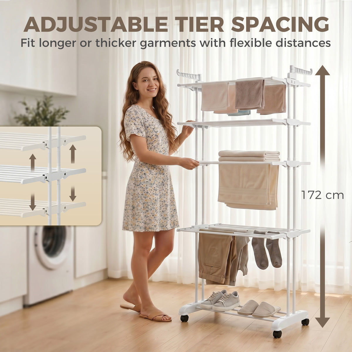 5-Tier Adjustable Clothes Drying Rack, Foldable Laundry Drying Rack with Wheels, Side Wings, Clothes Hanger for Indoor Outdoor Use, 28.7" x 25.2" x 67.7", White