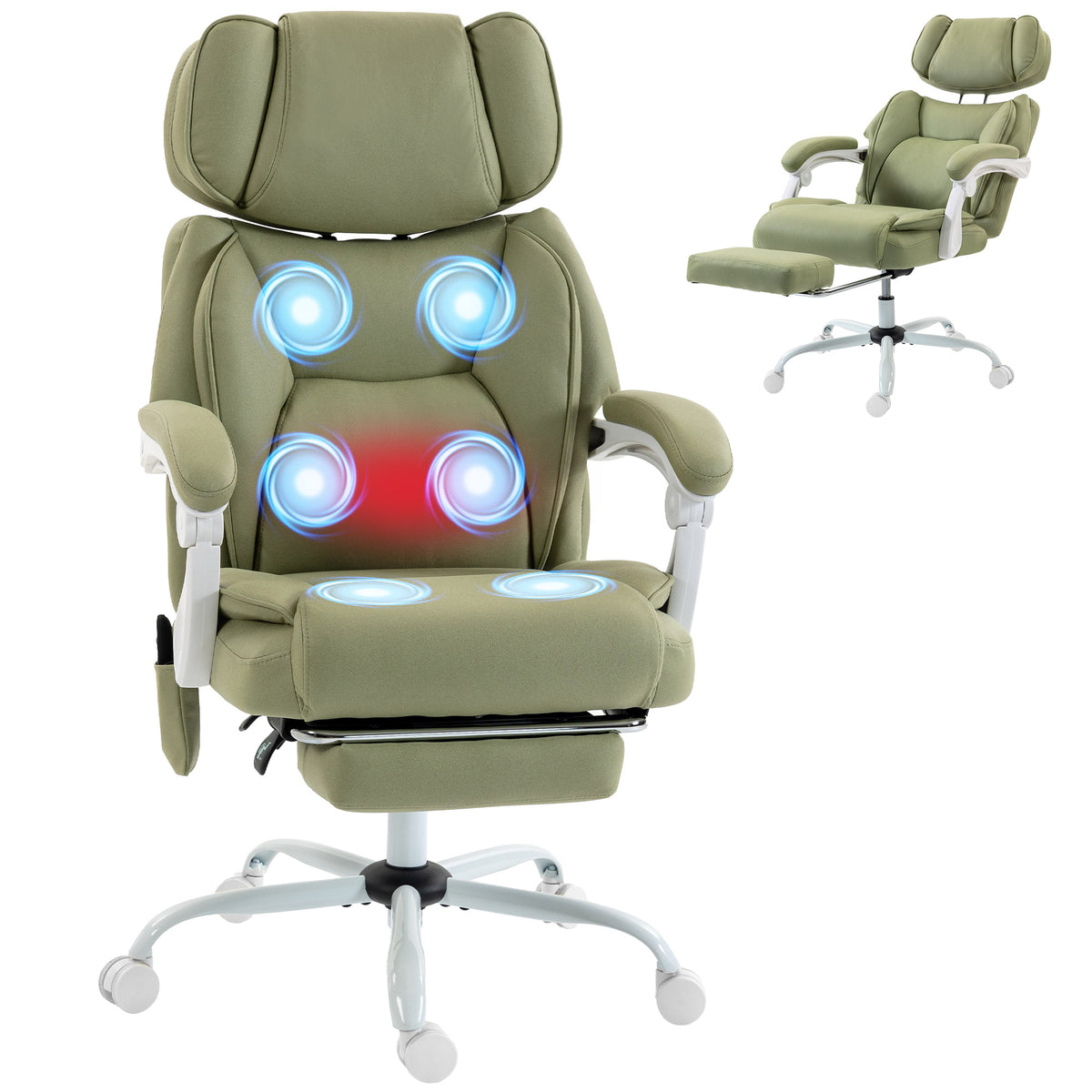 Office Chair with 6-Point Vibration Massage and Heat, Leathaire Upholstered Computer Desk Chair with Adjustable Headrest, Footrest, Linkage Armrests, Reclining, Remote, Lime Green