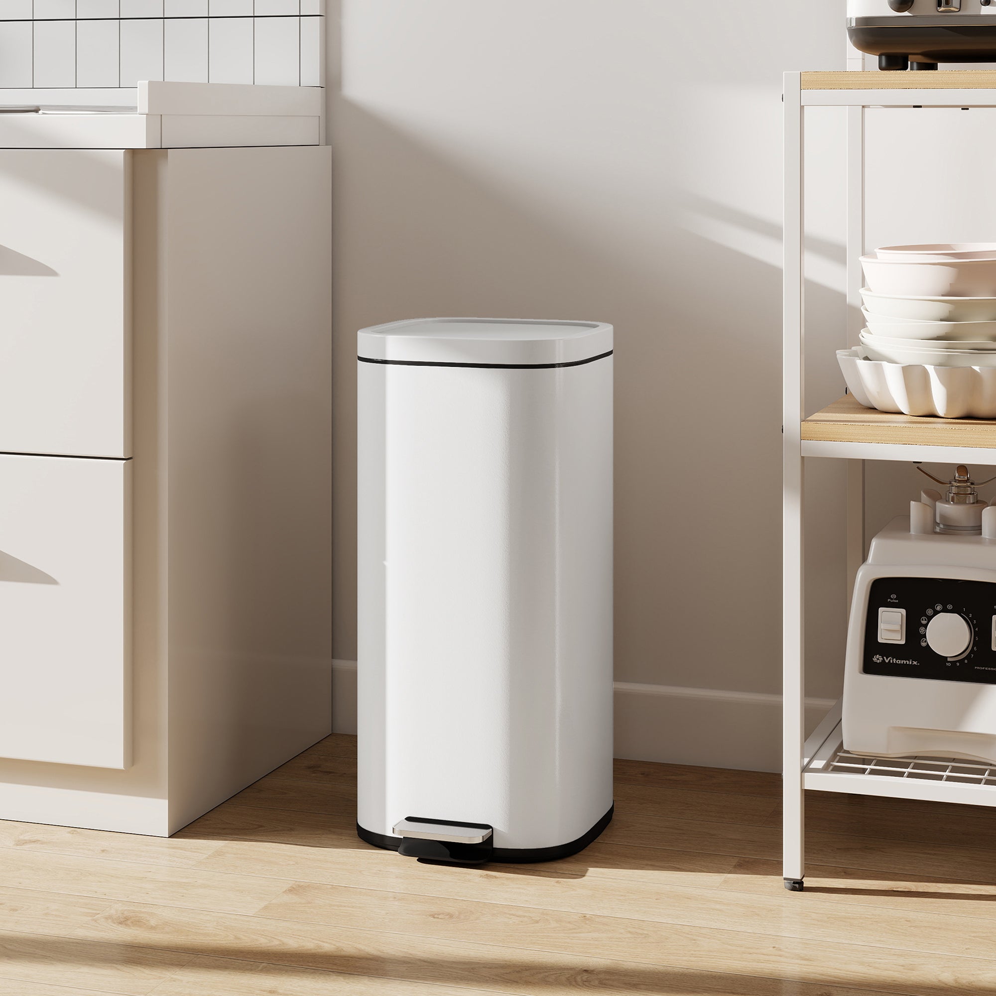 30L Kitchen Bin with Lid, Compact Pedal Bin with Soft-Close and Stay-Open Lid, Removable Inner Bucket, Fingerprint-Resistant for Kitchen, Home, Office, Bedroom, Cream White