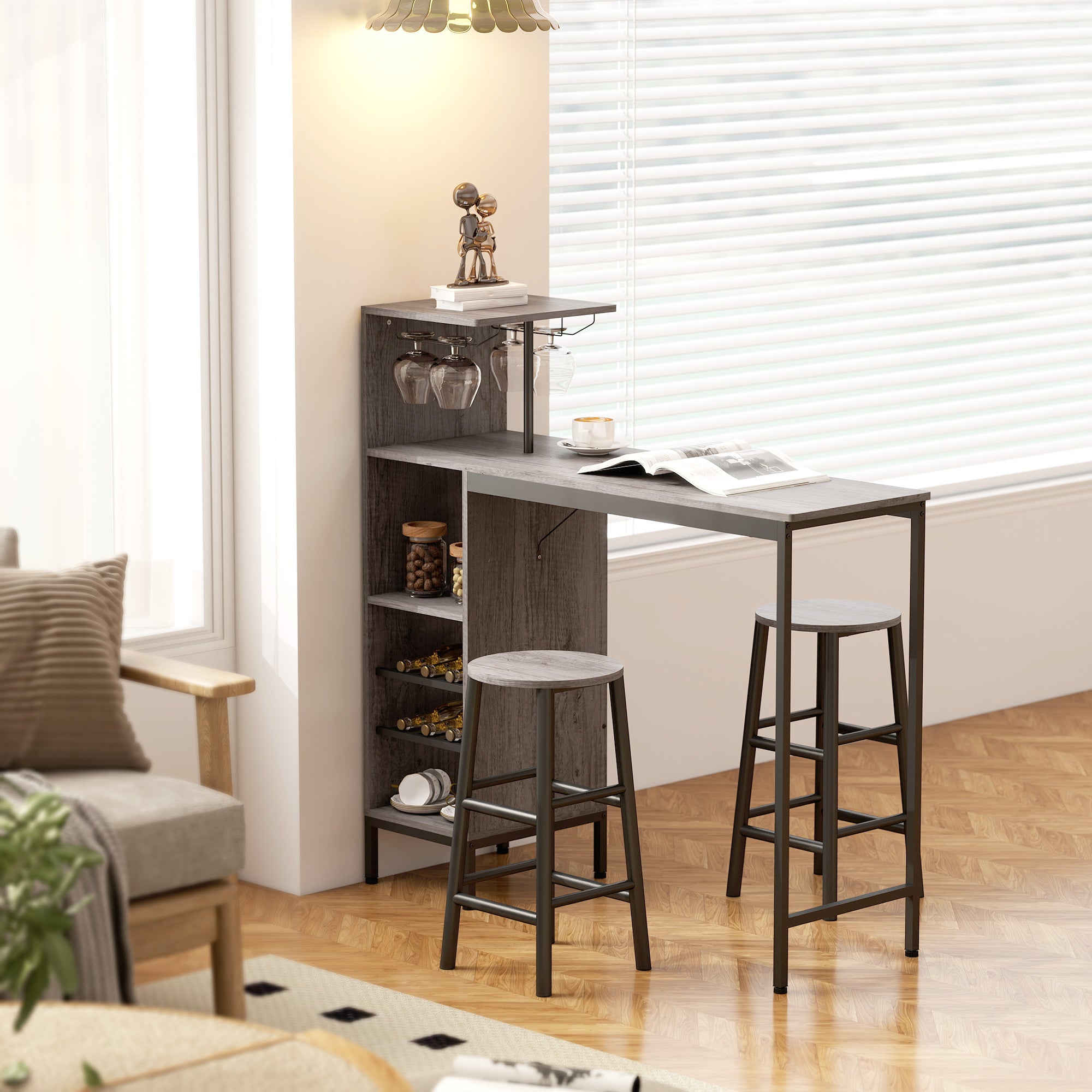 3 Pieces Dining Room Set, 6-Tier Dining Table with Storage Shelves, Wine Racks, Glass Holders, 2 Round Stools with Footrest, for Small Spaces, Kitchen, Dining Room, Natural Wood Finish