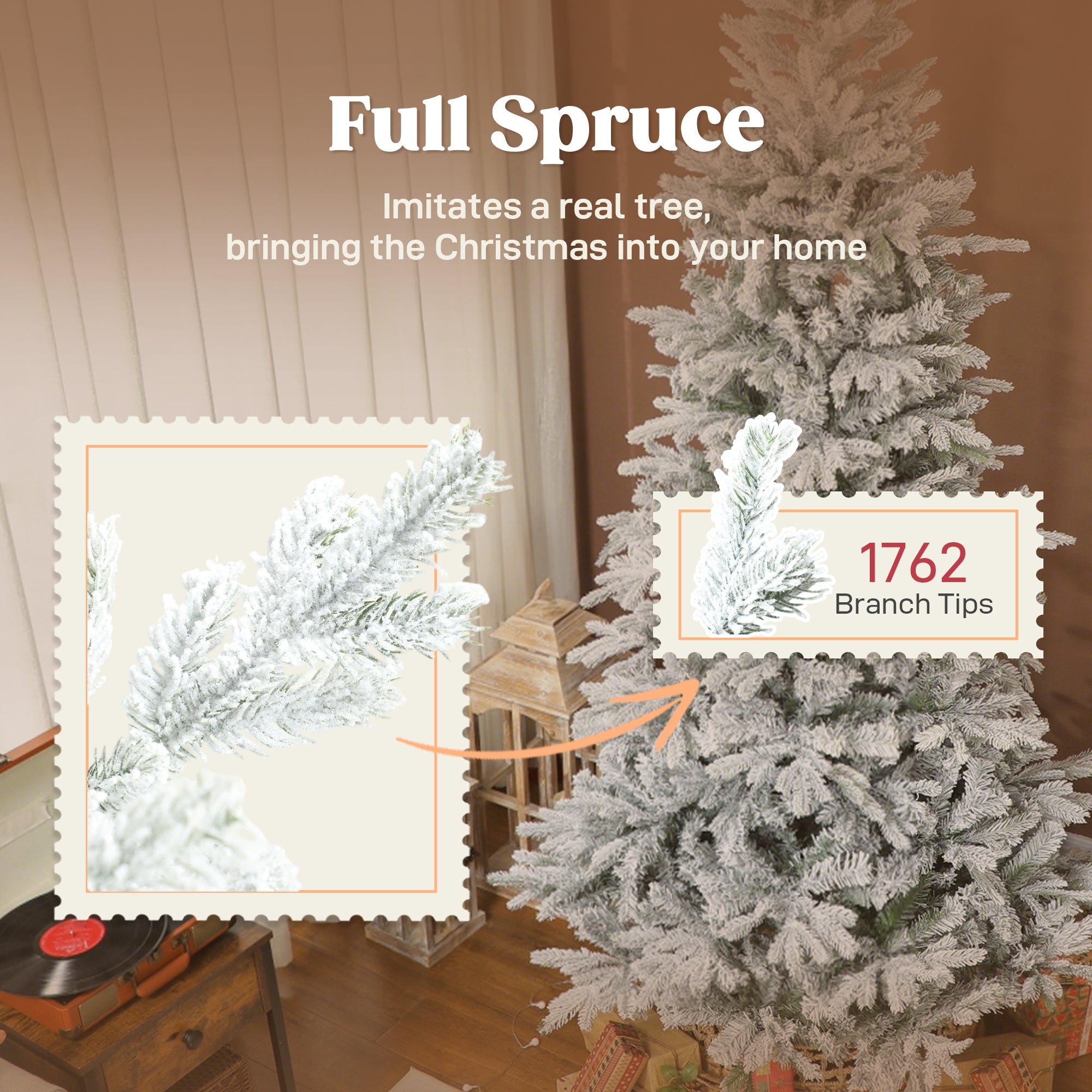 7.5ft Artificial Spruce Slim Christmas Tree, Snow Flocked Xmas Tree w/ 1,762 Branch Tips, Foldable Metal Stand and Hinged Branches, Noble Holiday Decor