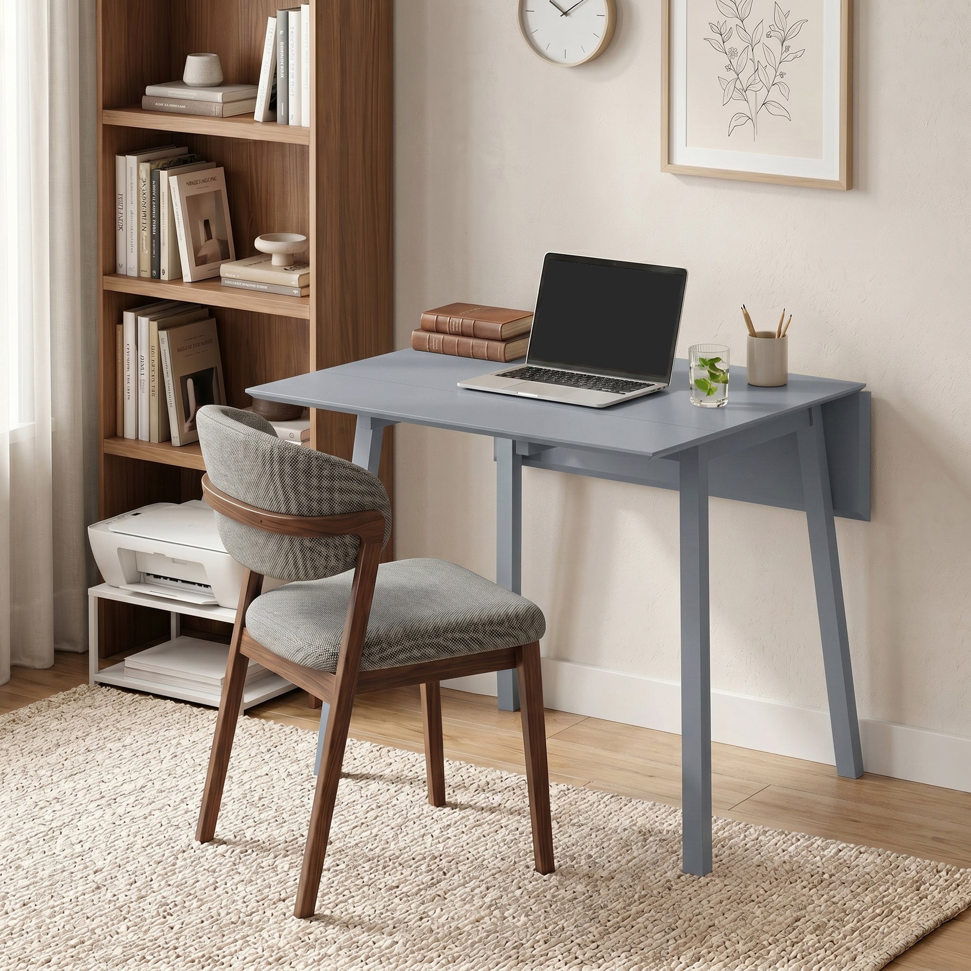 Solid Wood Folding Dining Table, Drop Leaf Table for 2-4 People, Rectangle Kitchen Table for Small Space, Grey