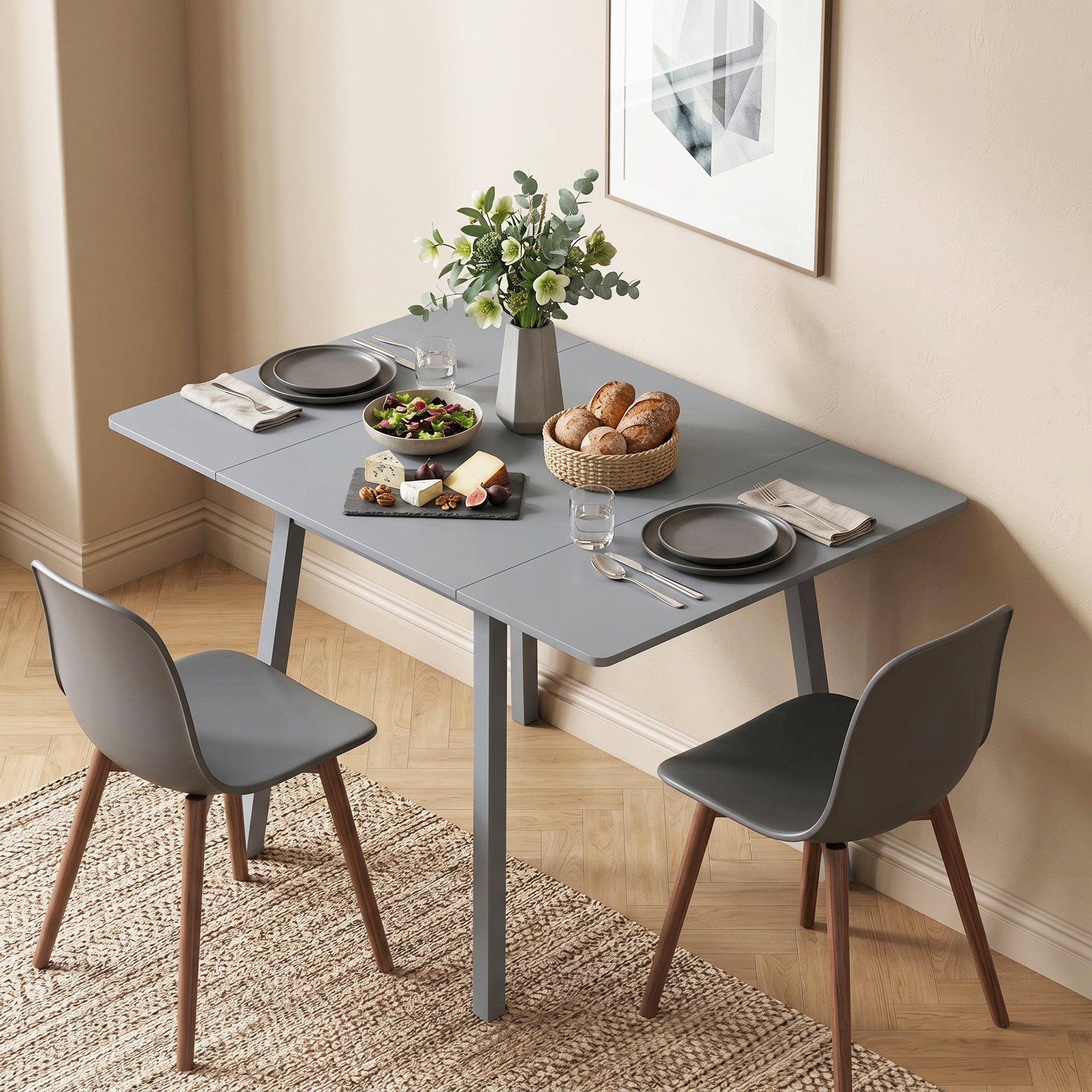 Solid Wood Folding Dining Table, Drop Leaf Table for 2-4 People, Rectangle Kitchen Table for Small Space, Grey
