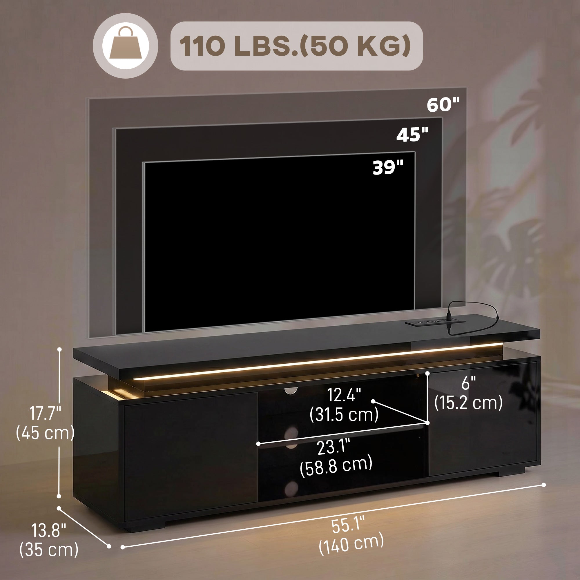TV Stand for TVs up to 60 Inch, Modern Entertainment Center with LED Lights and Power Outlets, Media Console Table with 2 Cabinets & Adjustable Open Shelf, High Gloss Black
