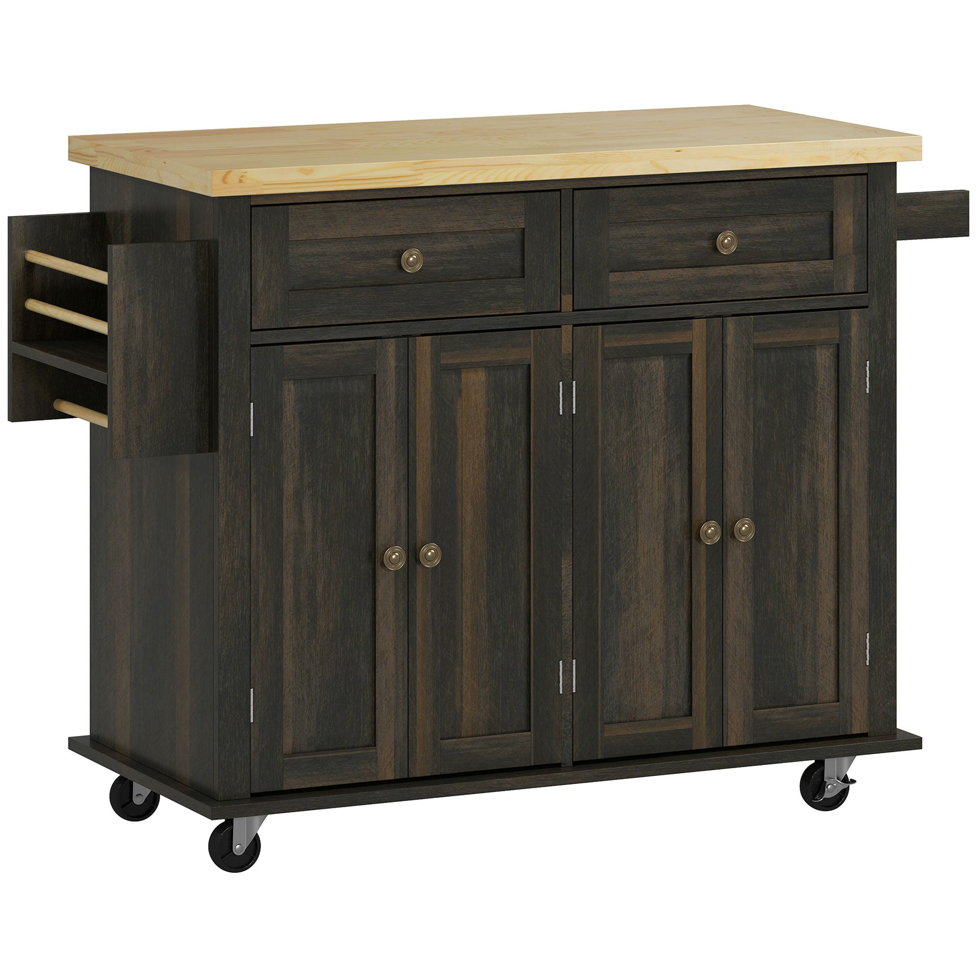 GlideSpace Kitchen Island on Wheels, Rolling Cart w/ Rubberwood Top, Spice Rack & Drawers, Brown Oak - HOMCOM