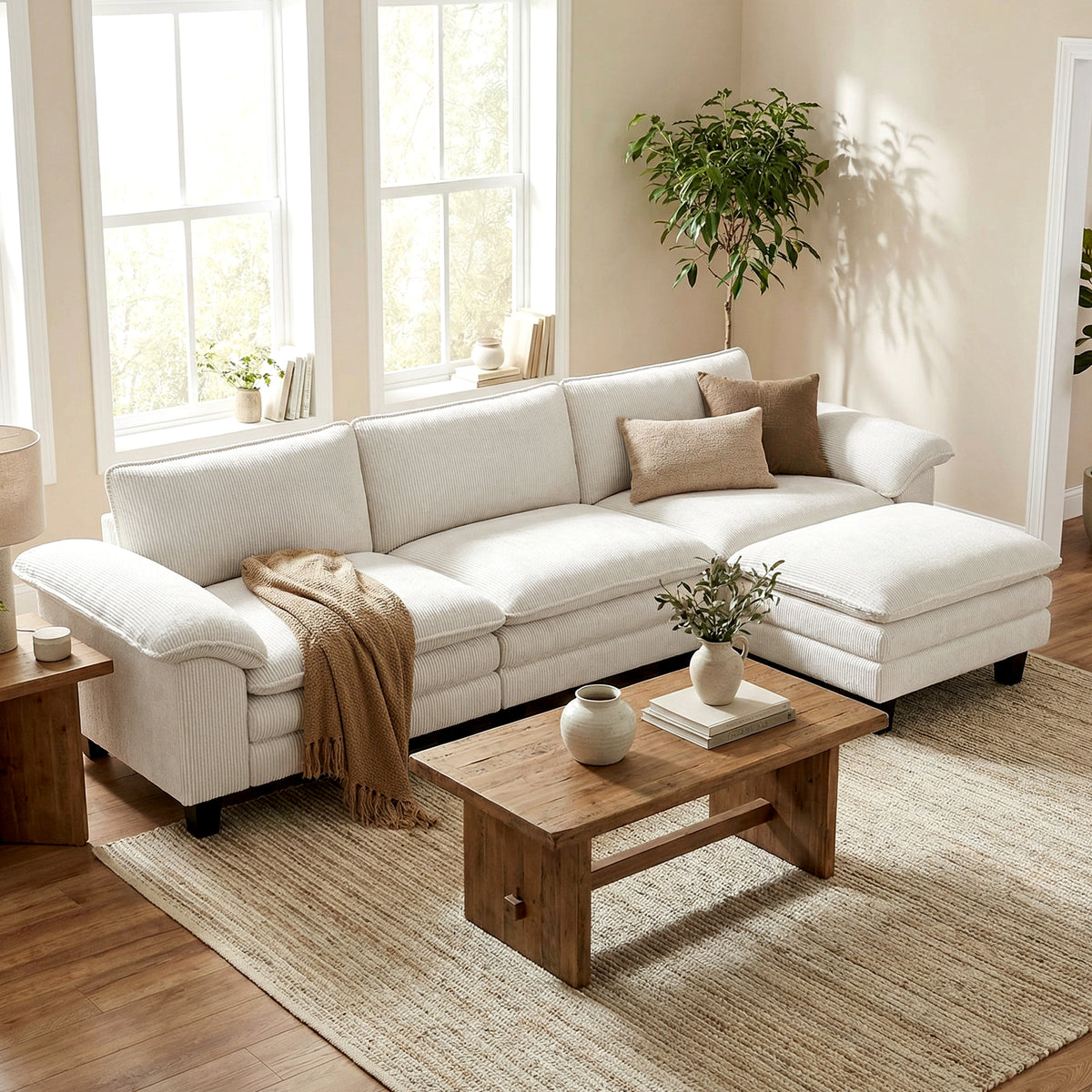 124" L Shaped Sectional Sofa with Movable Ottoman, 3 Seat, 2200lb Capacity, Beige