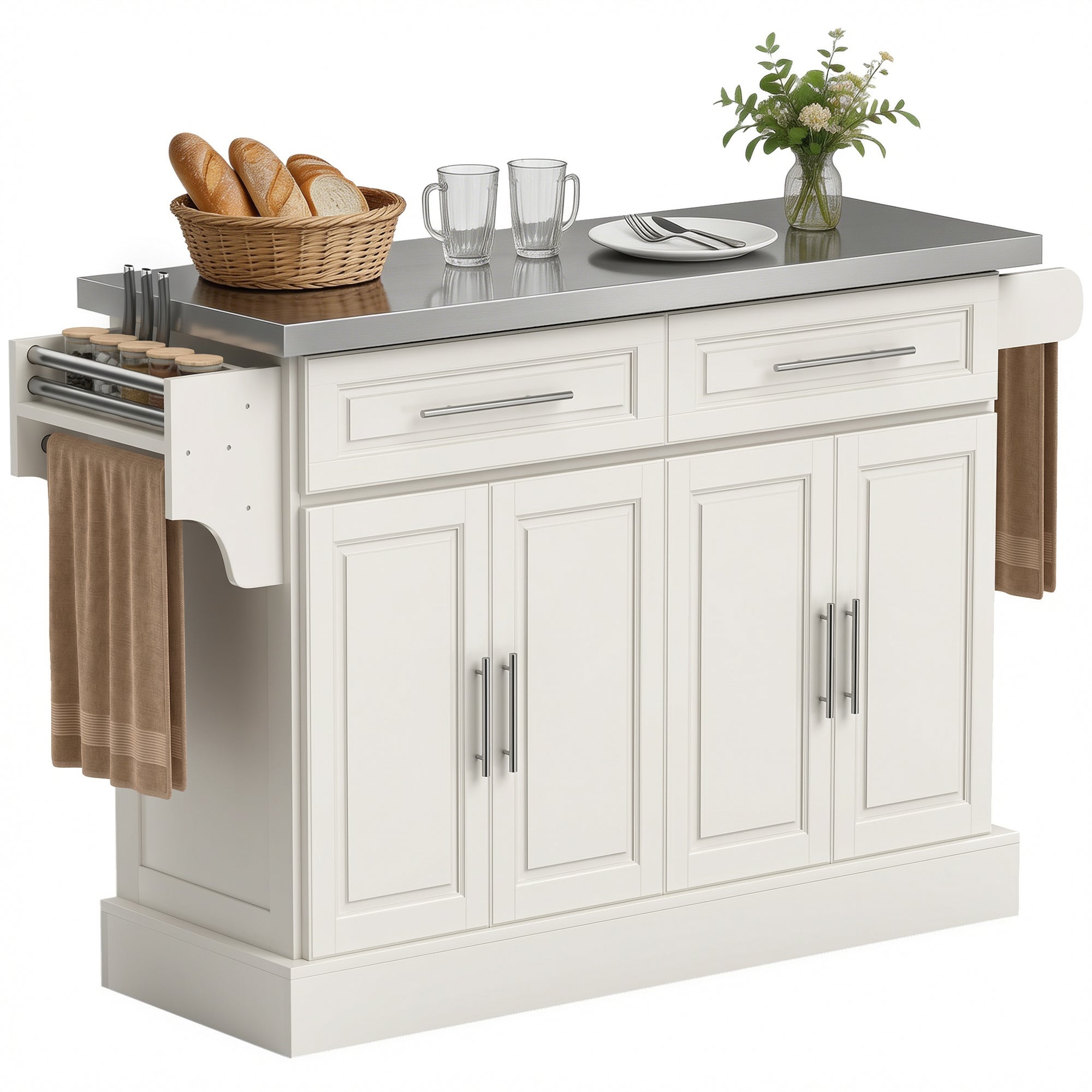 36" Stainless Steel Top Kitchen Island with Storage Drawers, Racks & Cabinets, Cream White - HOMCOM