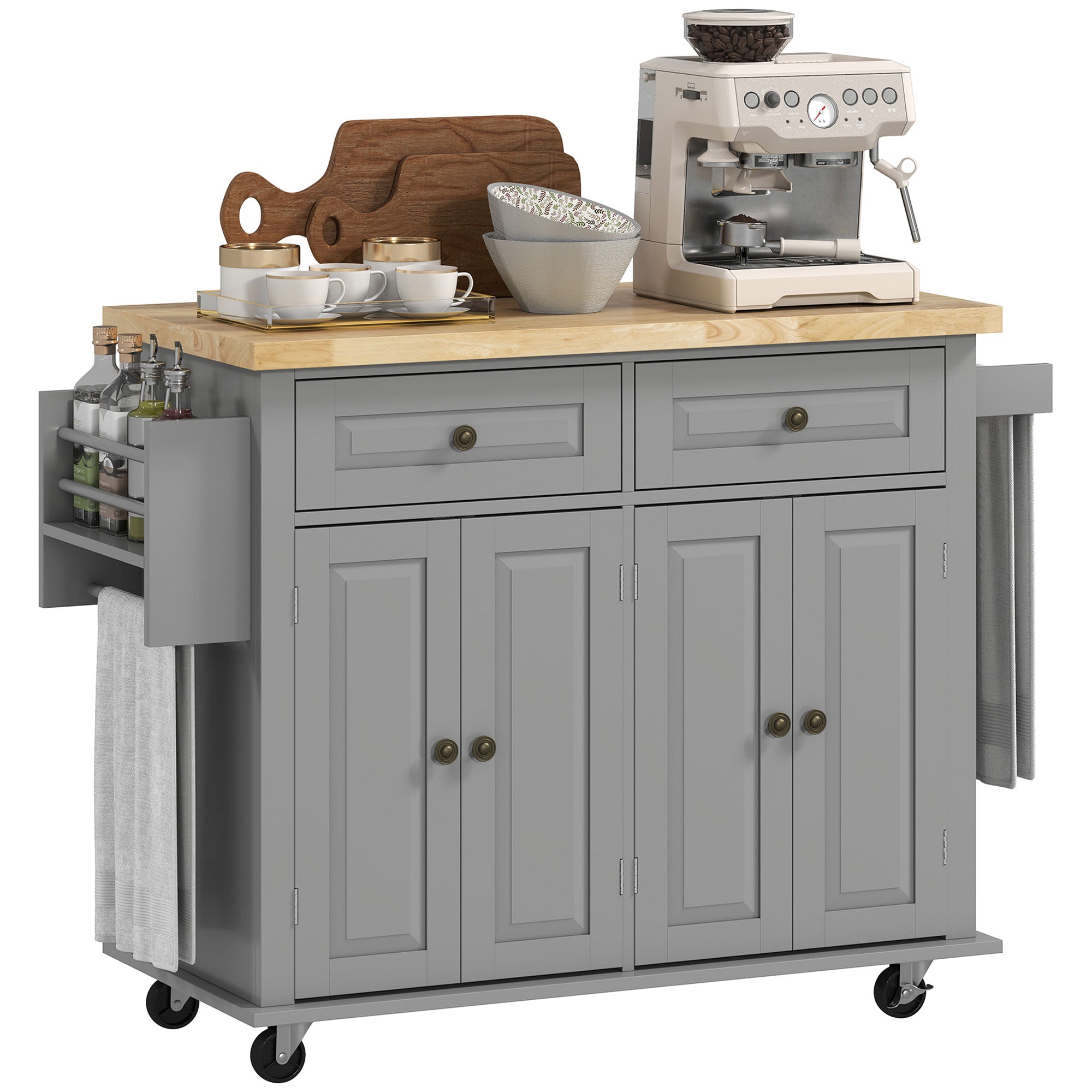 Rolling Kitchen Island with Rubberwood Top and Spice Rack for Kitchen, Grey
