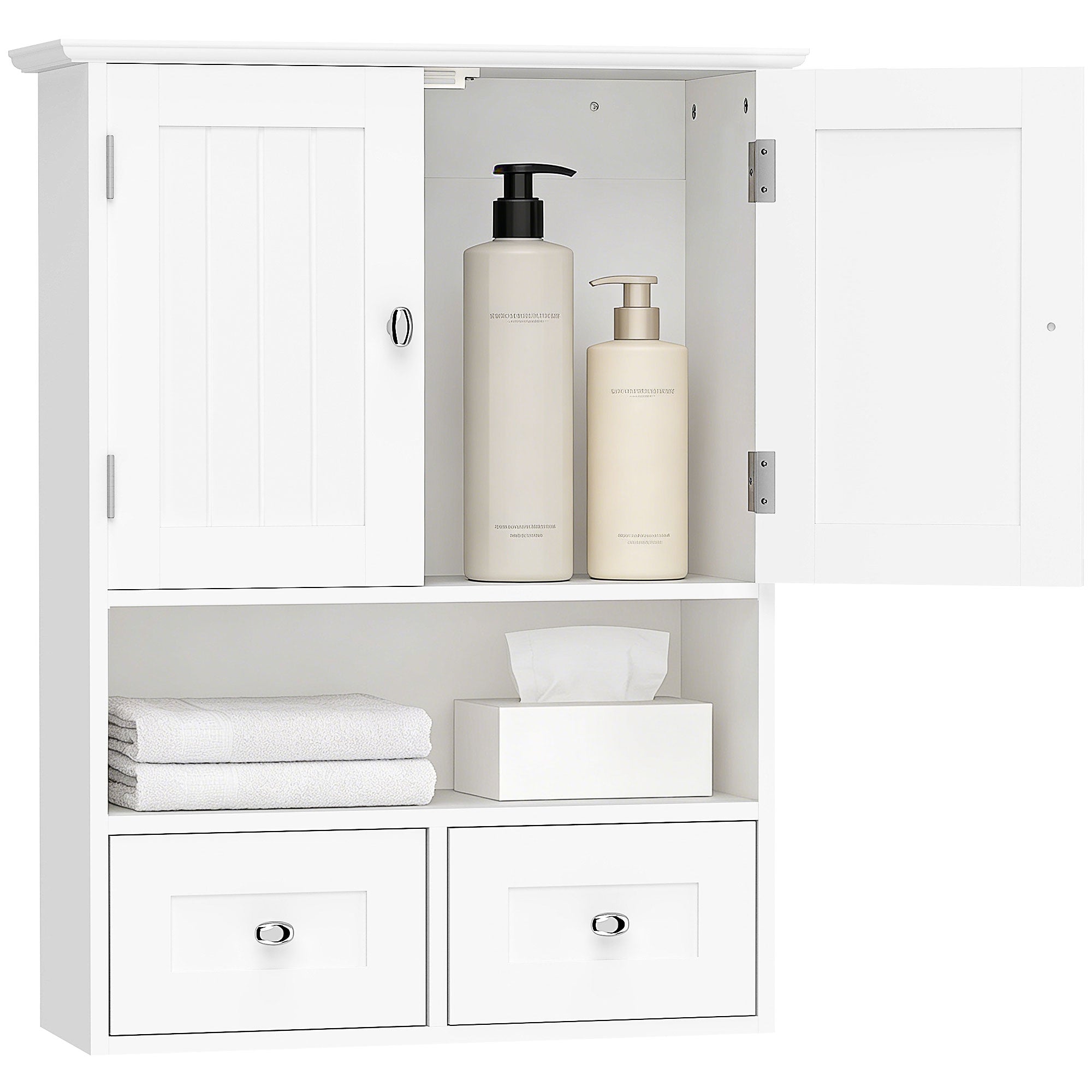Bathroom Wall Cupboard, Over Toilet Storage Medicine Cabinet with Shelf & Drawers, White