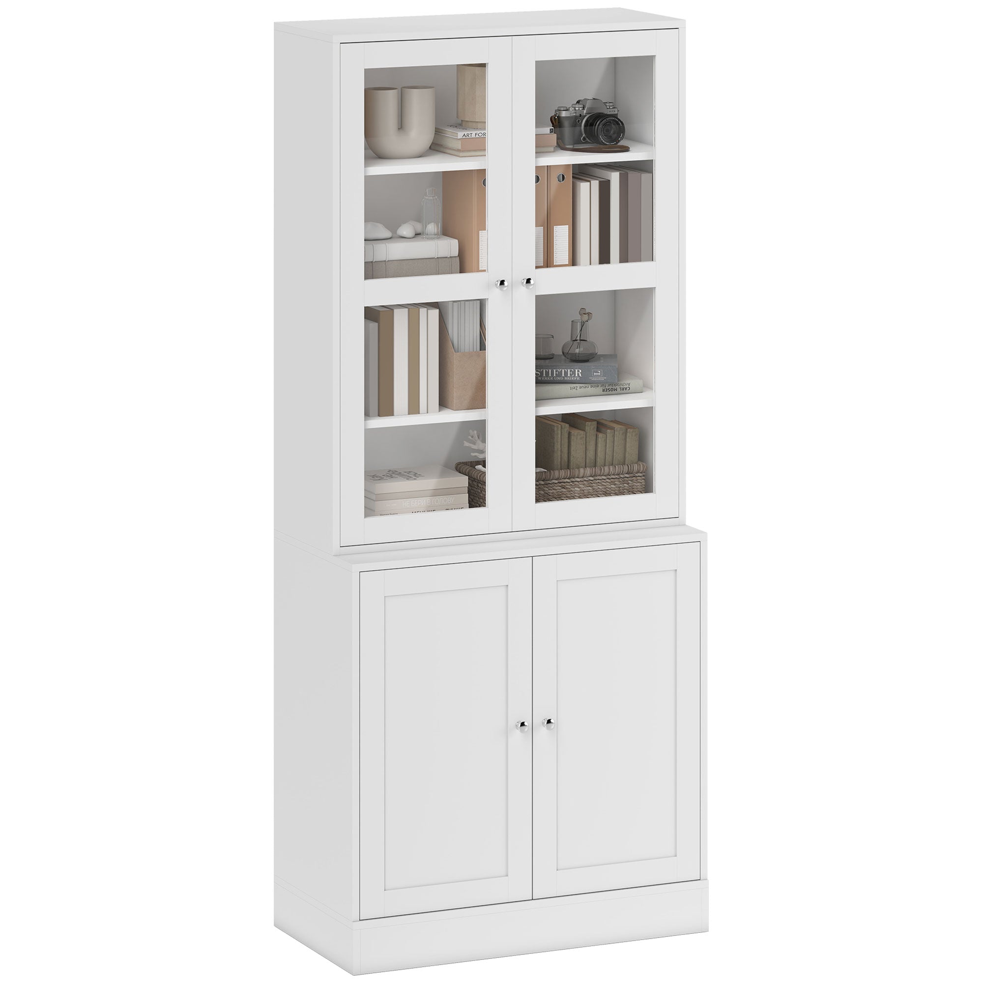 Modern Bookcase with Glass Doors, Display Storage Cabinet w/ Adjustable Shelves, White