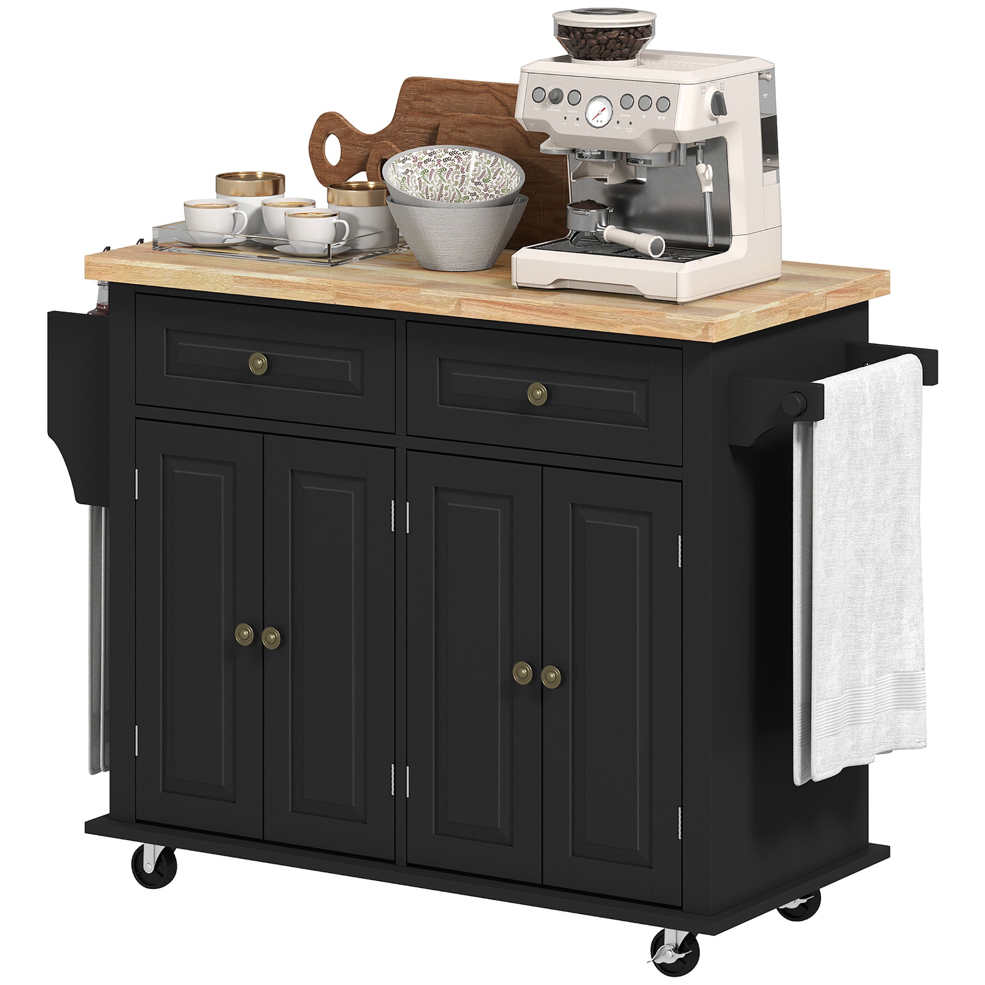 GlideSpace Rolling Kitchen Island Storage Trolley with Rubber Wood Top & Drawers for Dining Room, Black - HOMCOM