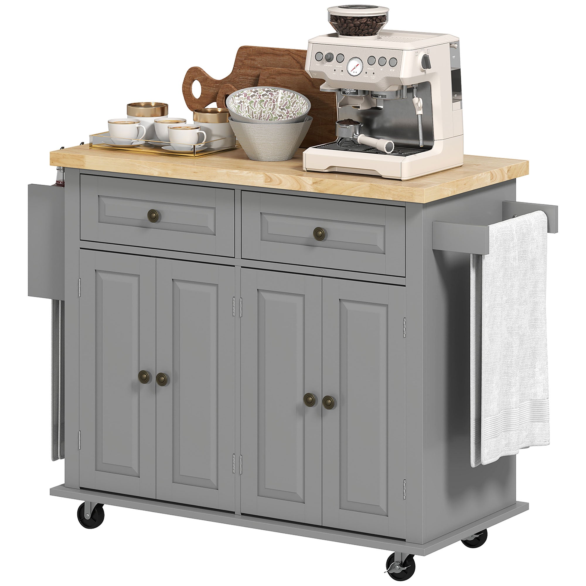 Rolling Kitchen Island with Rubberwood Top and Spice Rack for Kitchen, Grey