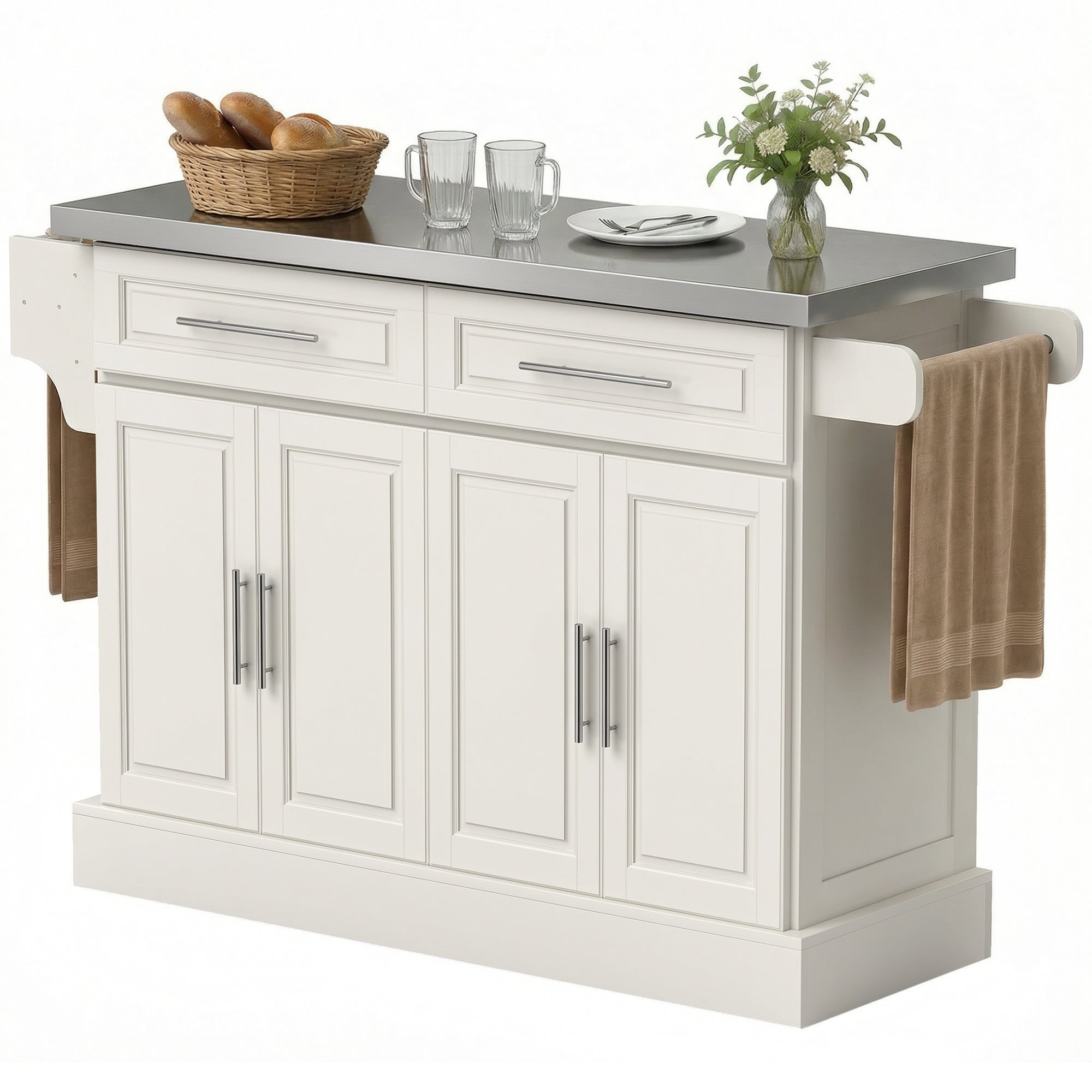 36" Stainless Steel Top Kitchen Island with Storage Drawers, Racks & Cabinets, Cream White - HOMCOM