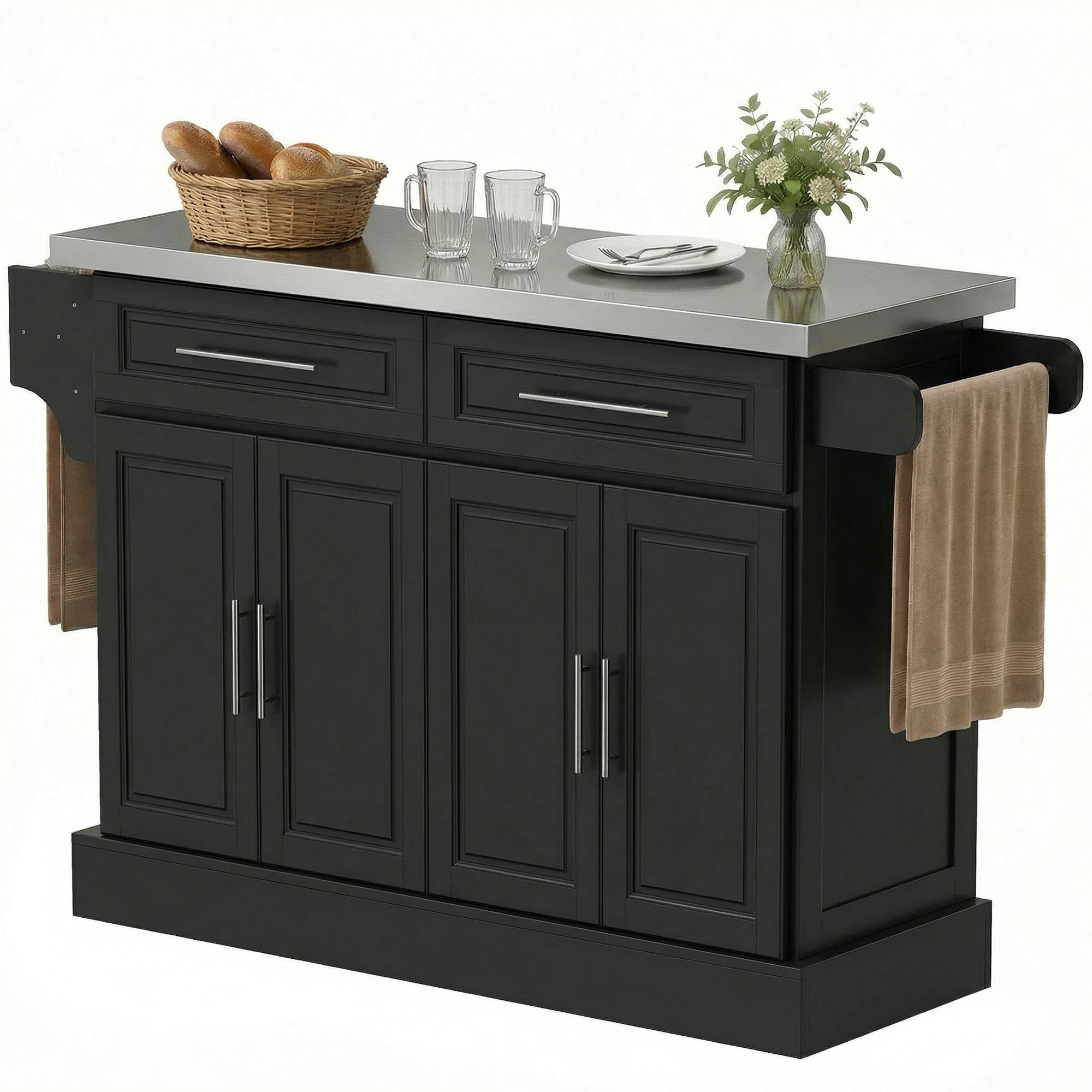 Rolling Kitchen Island with Storage Portable Cart with Stainless Steel Top 2 Drawers Black - HOMCOM