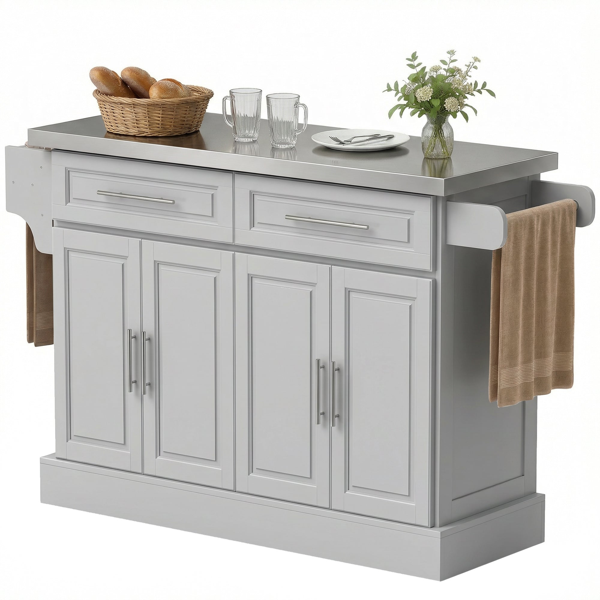 Rolling Kitchen Island with Storage Portable Cart with Stainless Steel Top 2 Drawers Gray