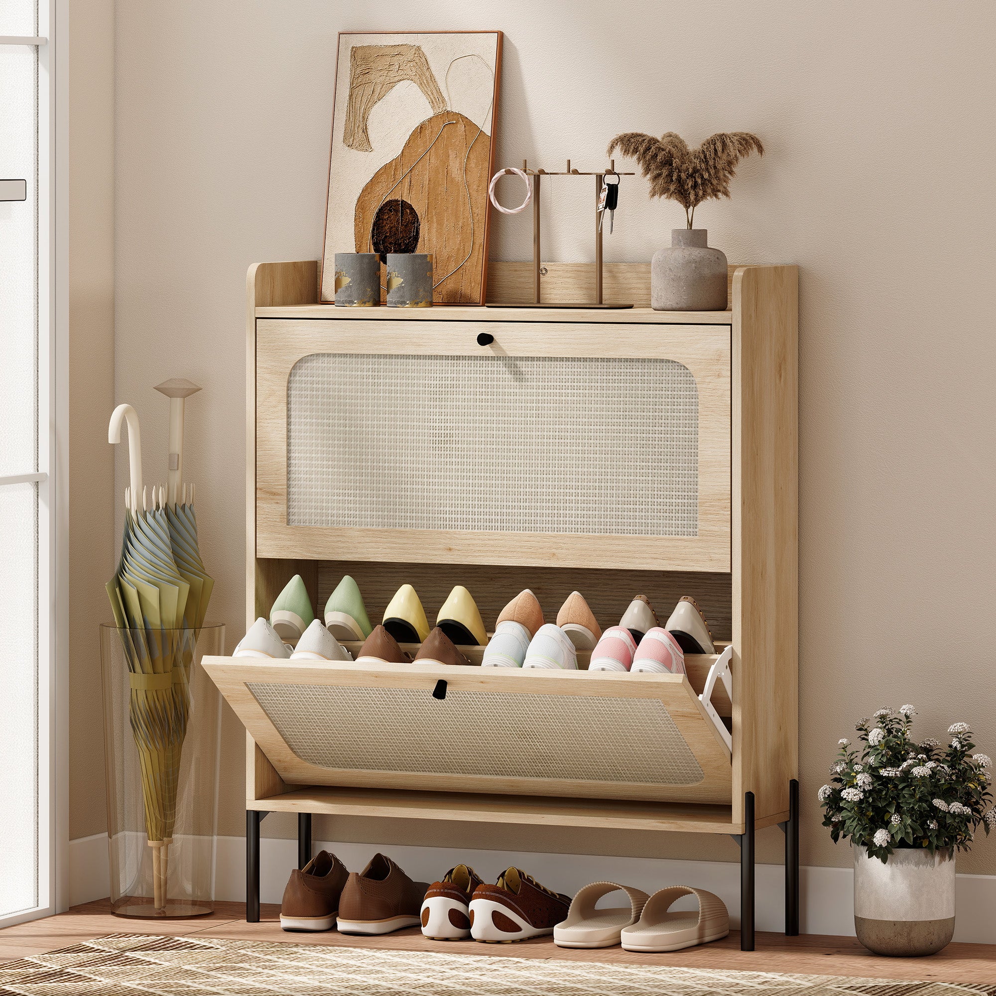 Shoe Cabinet with 2 Flip Drawers, Narrow Shoe Storage Cabinet with Adjustable Shelves, Raised Tabletop, Rattan Accent, Boho Storage Organizer for Entryway, Hallway, Holds 12-16 Pairs, Oak